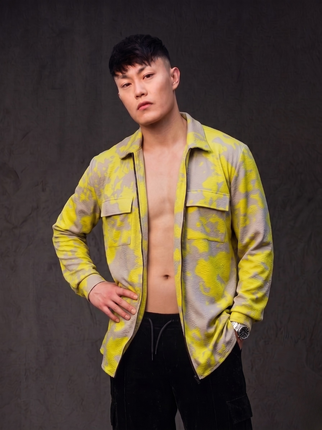 Neon Grey Splatter Abstract Print Textured Drop-Shoulder Relaxed Fit Shirt Zipper Shirt