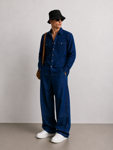 Denim Co-ord Set Navy Blue Parachute Baggy Denim Pant & Full Shirt Relaxed Fit