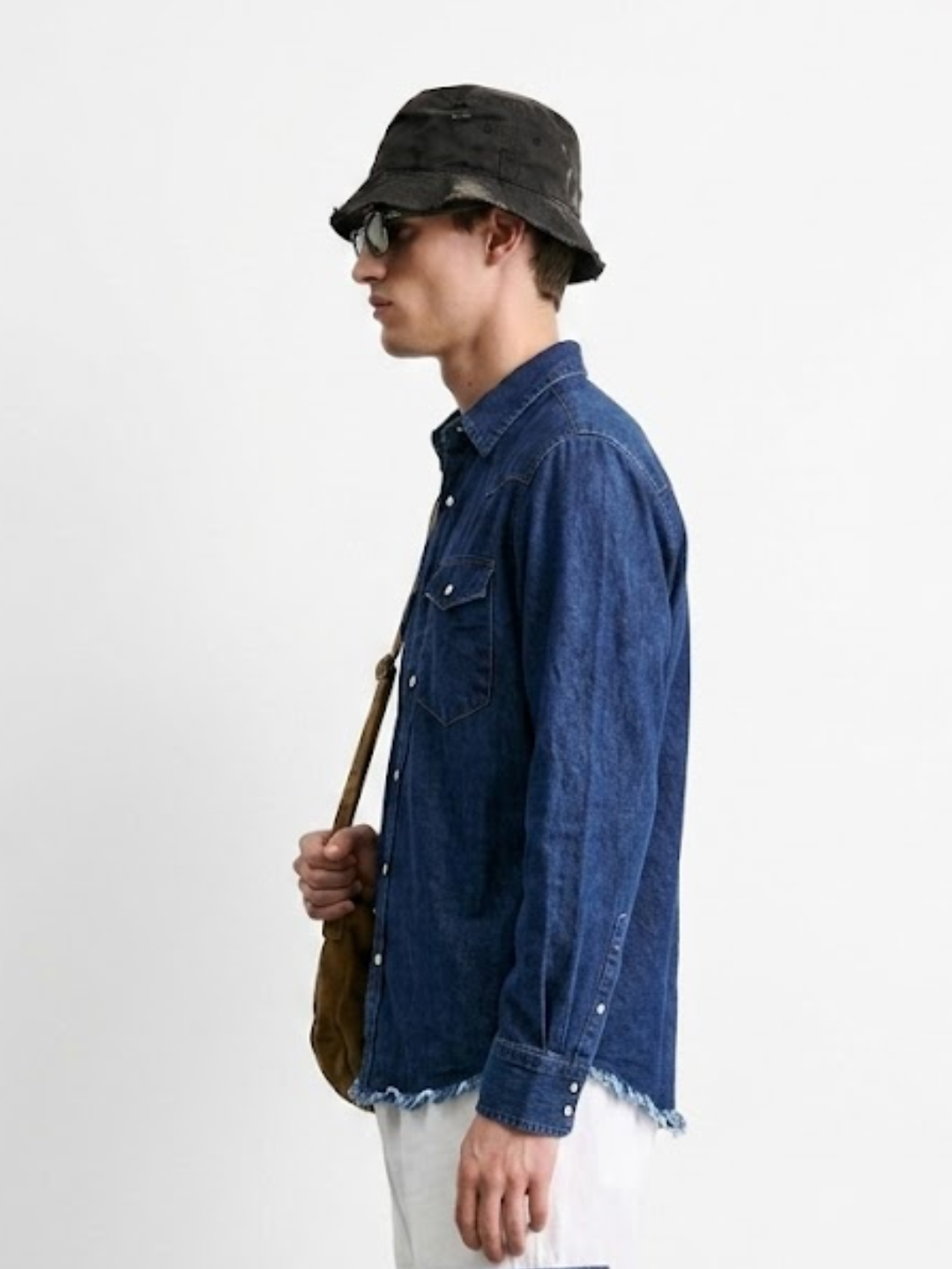 Navy Blue Raw Edge Oversized Relaxed Fit Spread Collar Premium Denim Full Sleeve Shirt