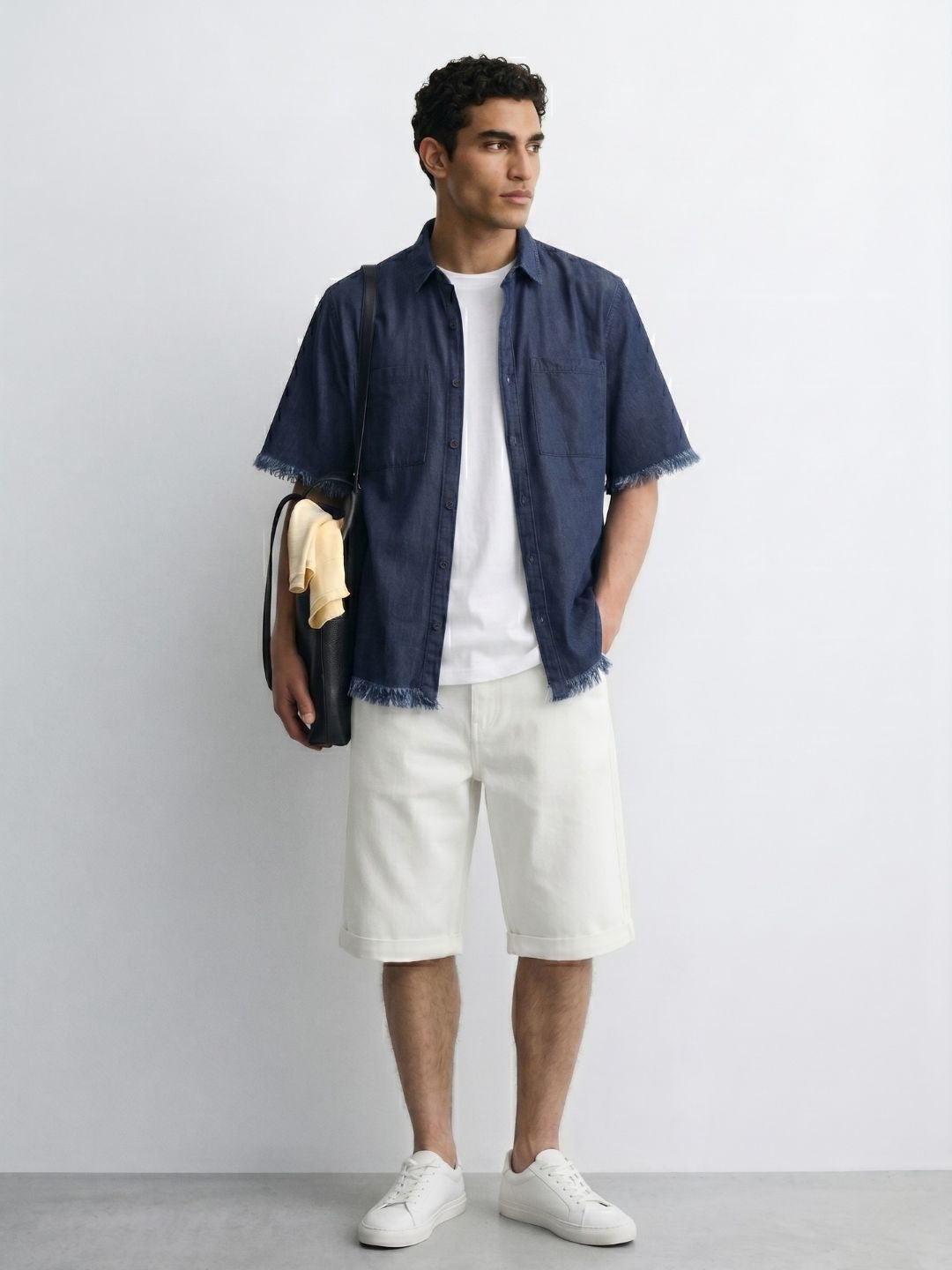 Navy Denim Raw Edge Oversized Box-Fit Spread Collar Half Sleeve Shirt