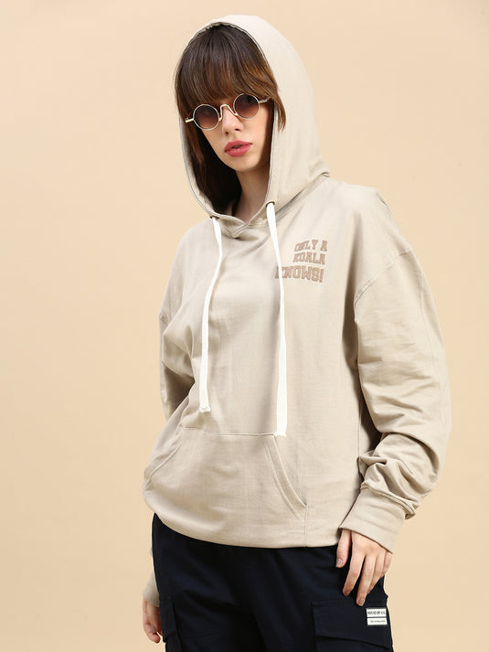 Unisex Beige Relaxed Fit Printed Hoodie Sweatshirt