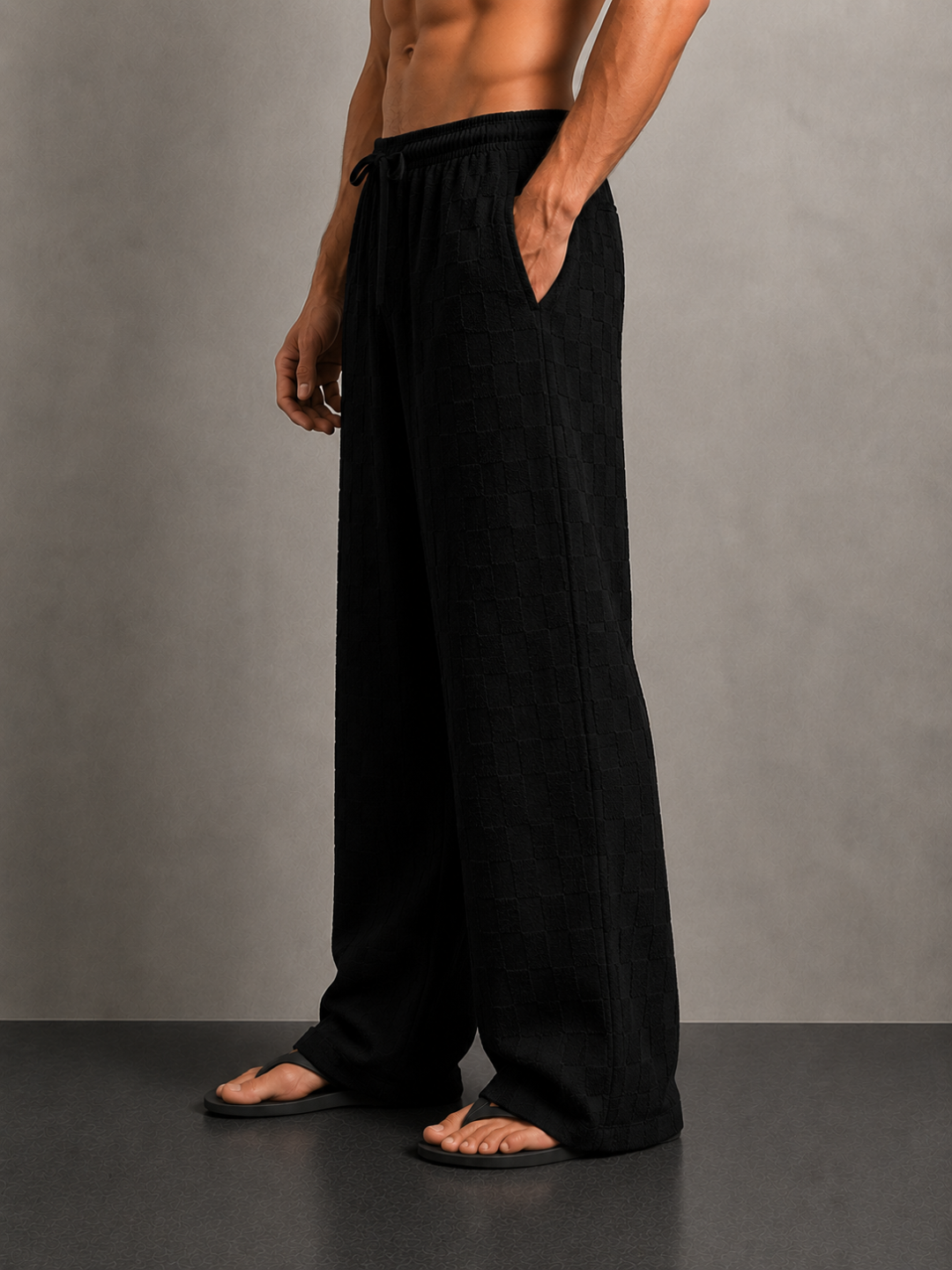Black Textured Relaxed-Fit Mid-Rise Korean Pant