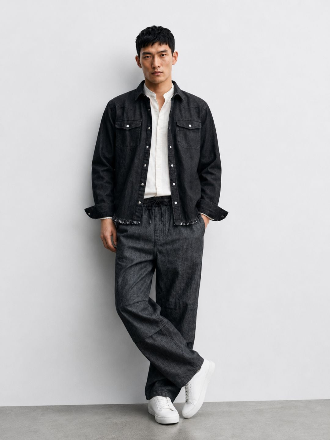 Denim Co-ord Set Charcoal Black Parachute Baggy Denim Pant & Full Shirt Relaxed Fit