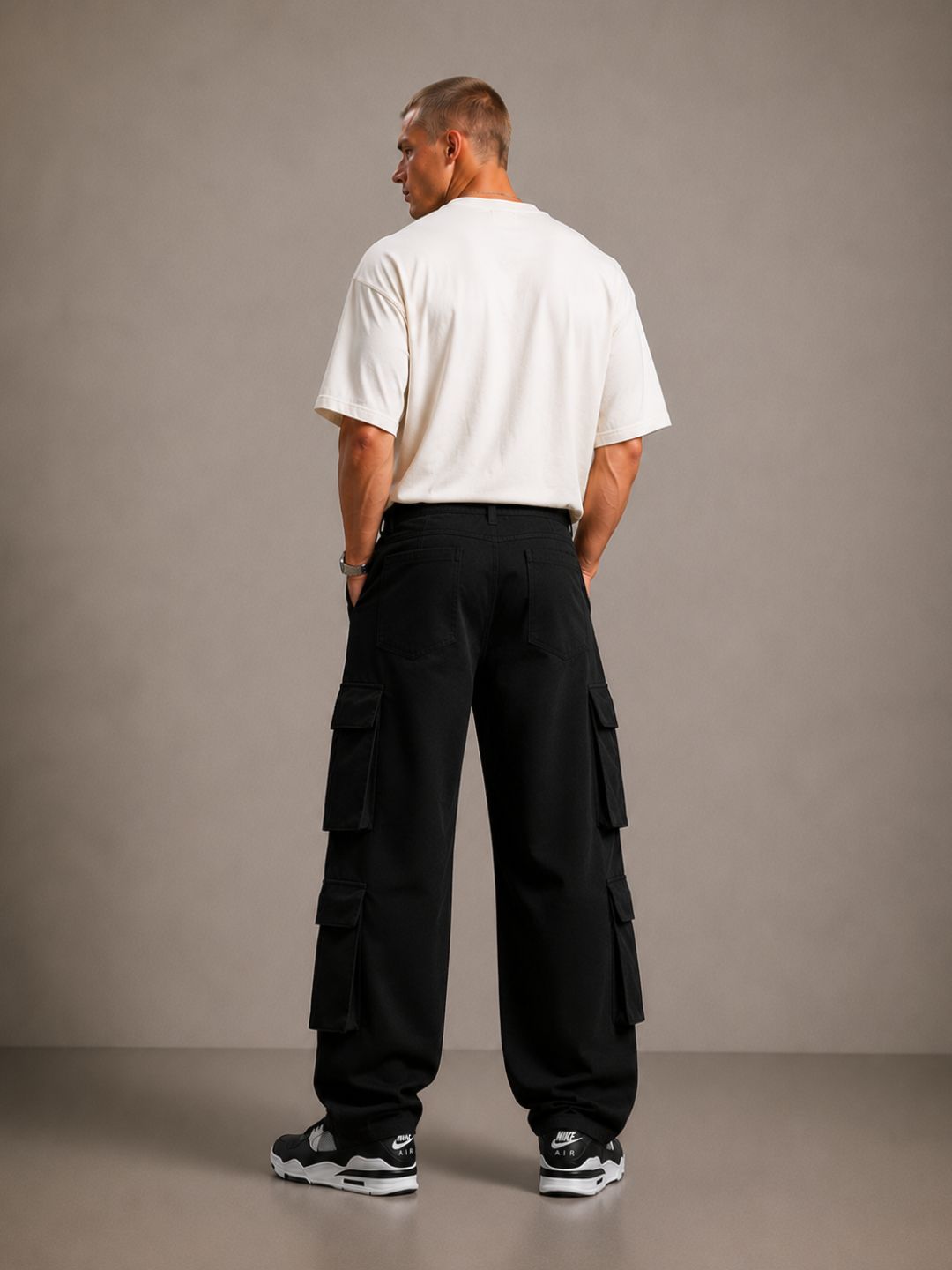 Black Baggy Fit Streetwear Style 8 Pocket Pure Cotton Cargo Trousers