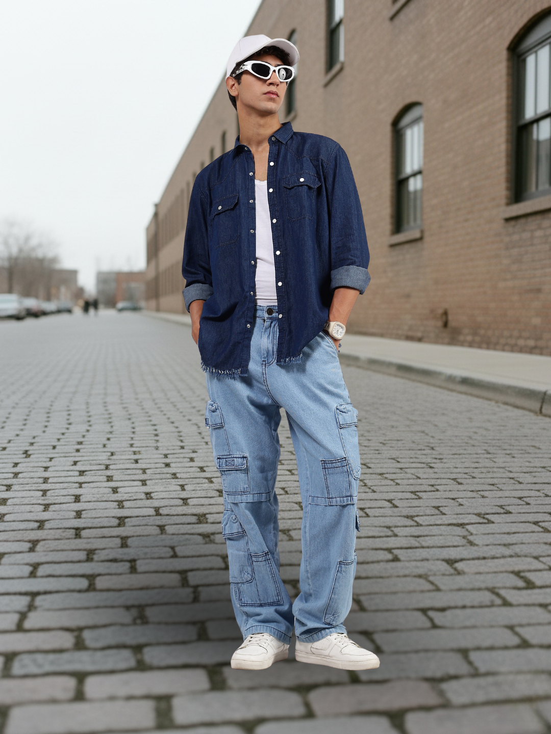 Navy Blue Raw Edge Oversized Relaxed Fit Spread Collar Premium Denim Shirt