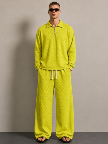 Lime Green Textured Oversized Full Sleeve Polo Neck Tee & Trackpant Co-ord Set