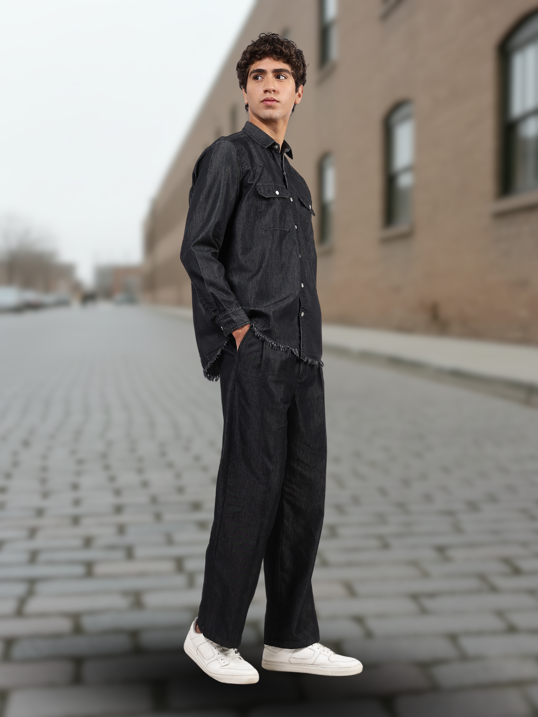 Co-ord Set Black Premium Denim Gurkha Pant & Full Shirt Relaxed Fit