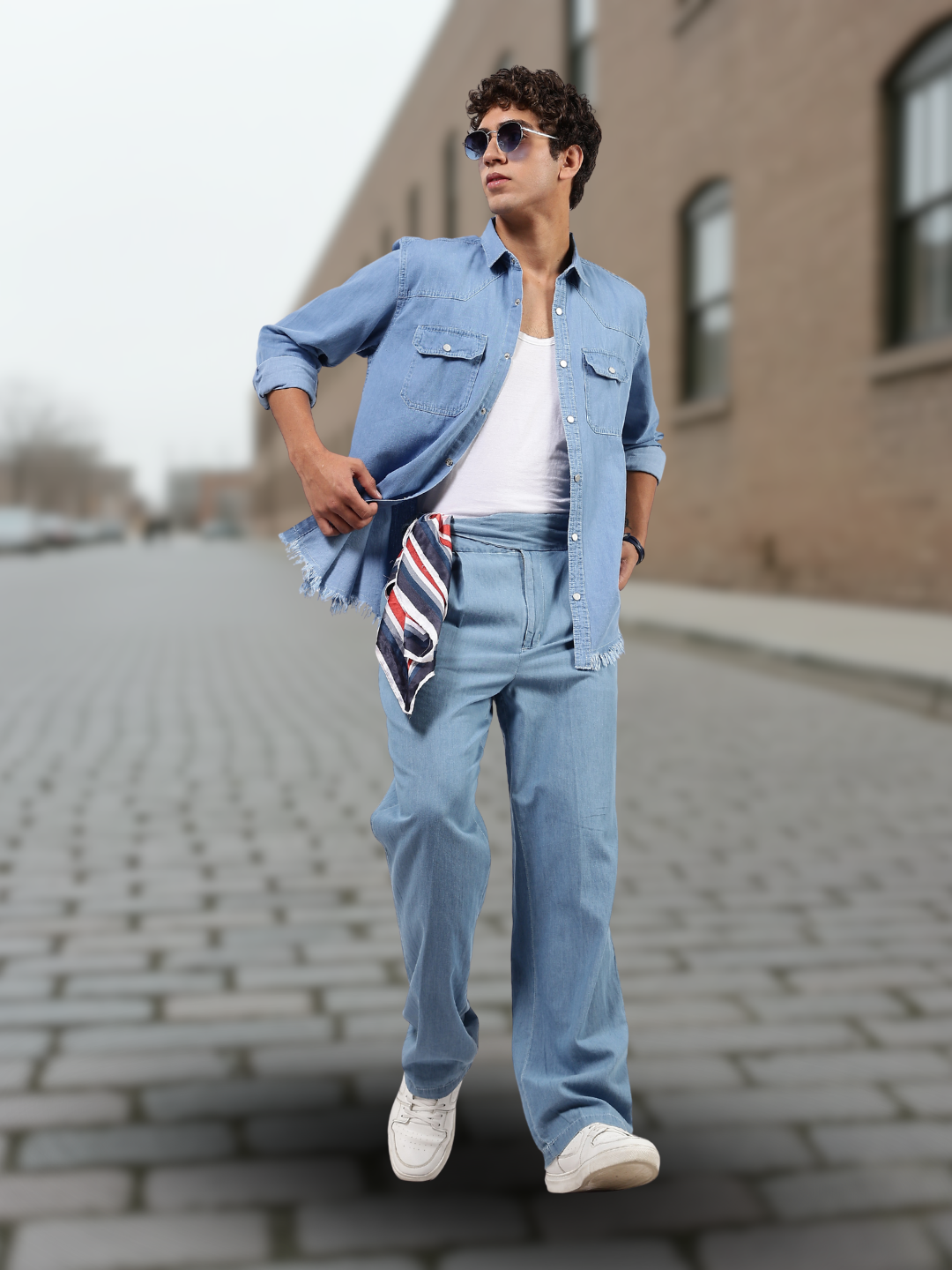 Co-Ord Set Blue Premium Denim Gurkha Pant & Full Shirt Relaxed Fit