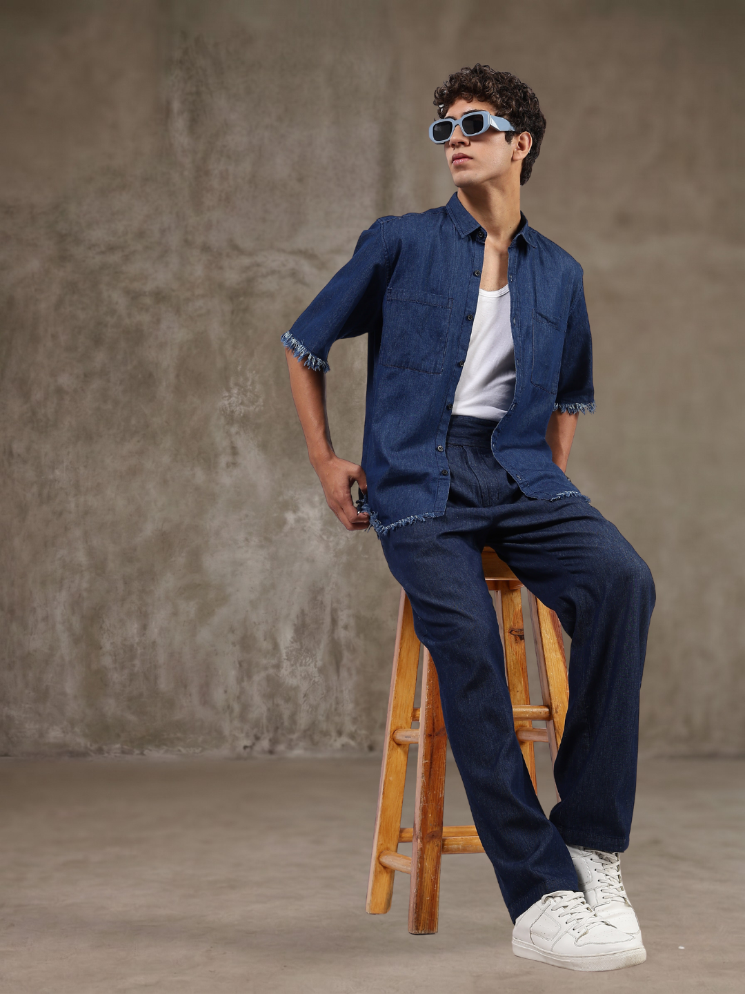 Co-Ord Set Navy Blue Premium Denim Gurkha Pant & Half Sleeve Shirt Relaxed Fit