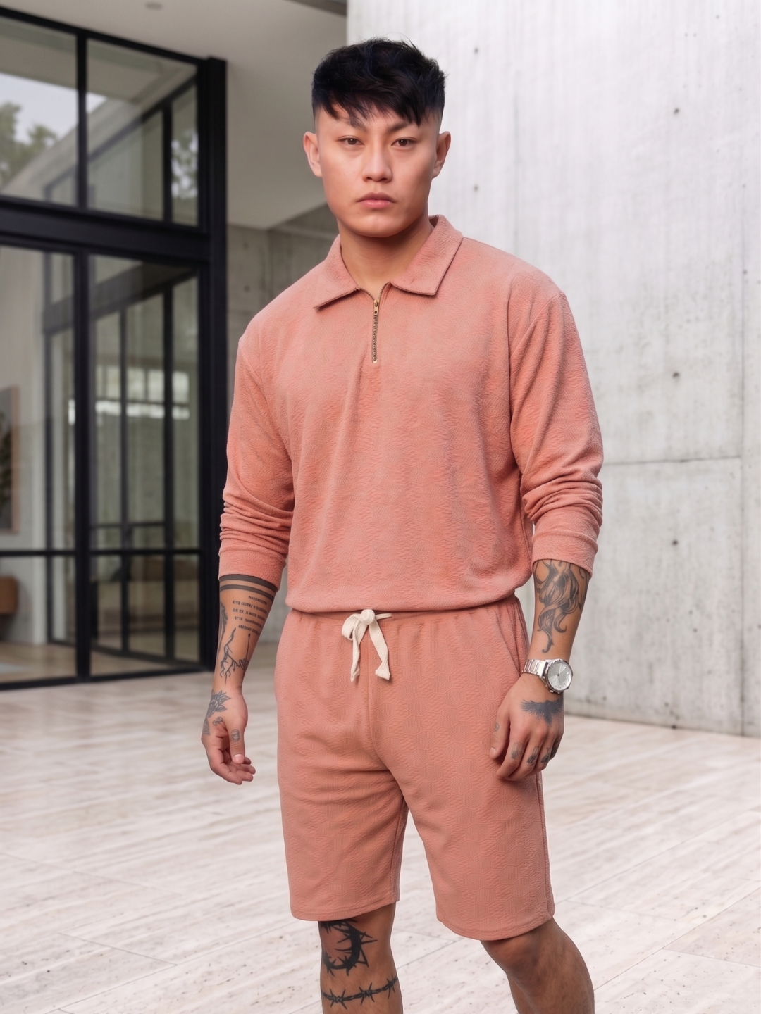 Unisex Brown Textured Relaxed Fit Full Sleeve Polo T-Shirt & Shorts Co-ord Set