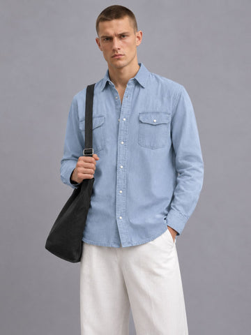 Blue Denim Raw Edge Oversized Relaxed Fit Spread Collar Premium Shirt