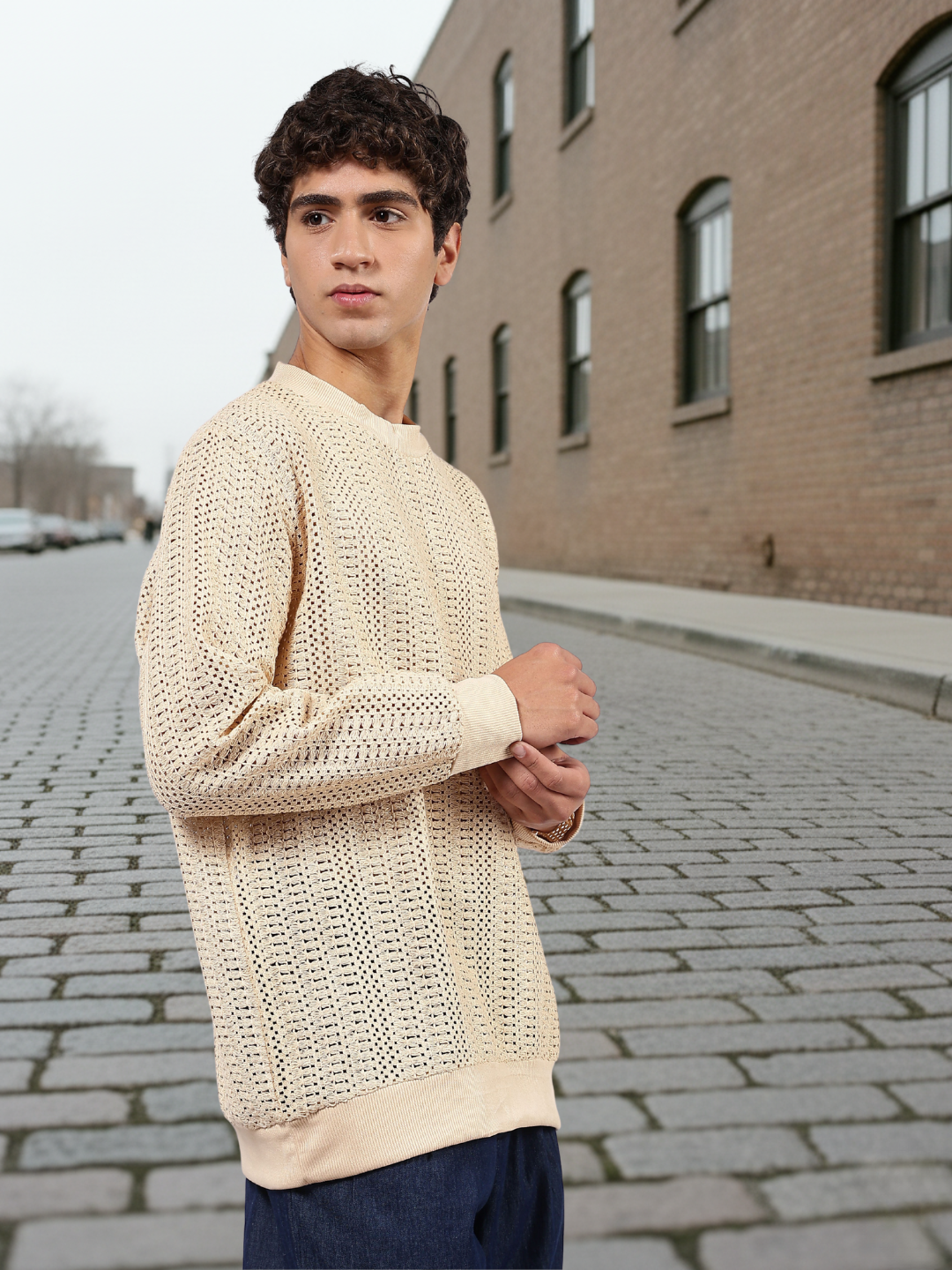 Beige Oversized Fit Premium Cotton Crochet Pullover