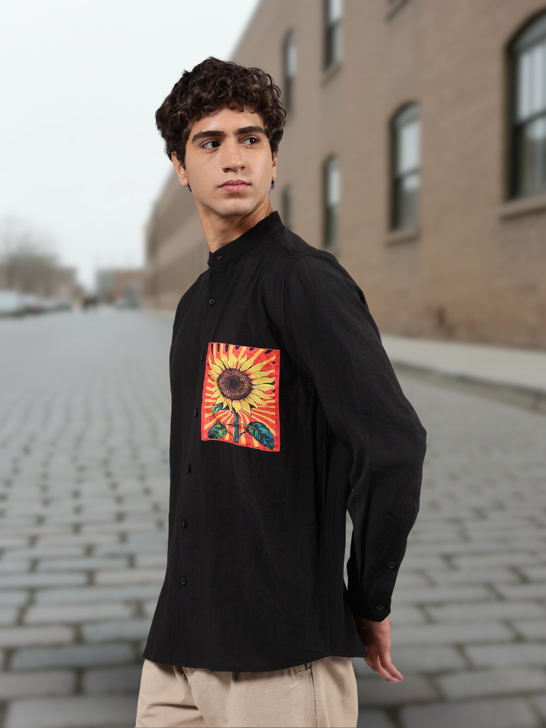 Black Mandarin Collar Pure Viscose Relaxed Fit Shirt 2.0