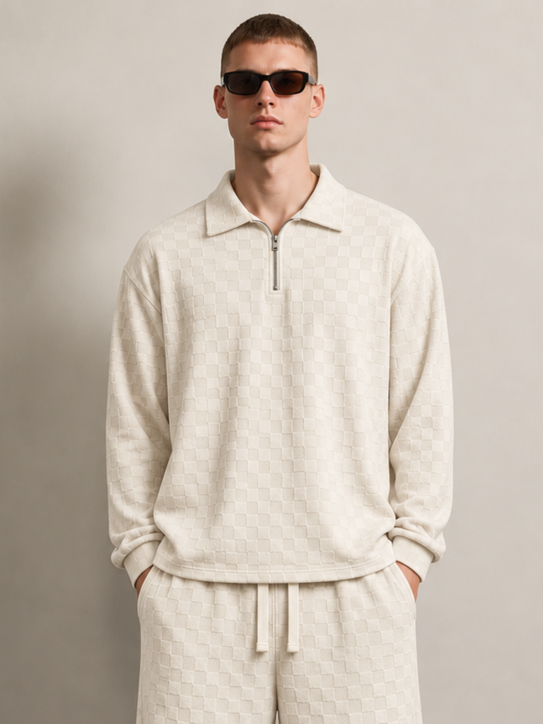 Off-White Textured Oversized Full Sleeve Polo Neck Tee & Trackpant Co-ord Set
