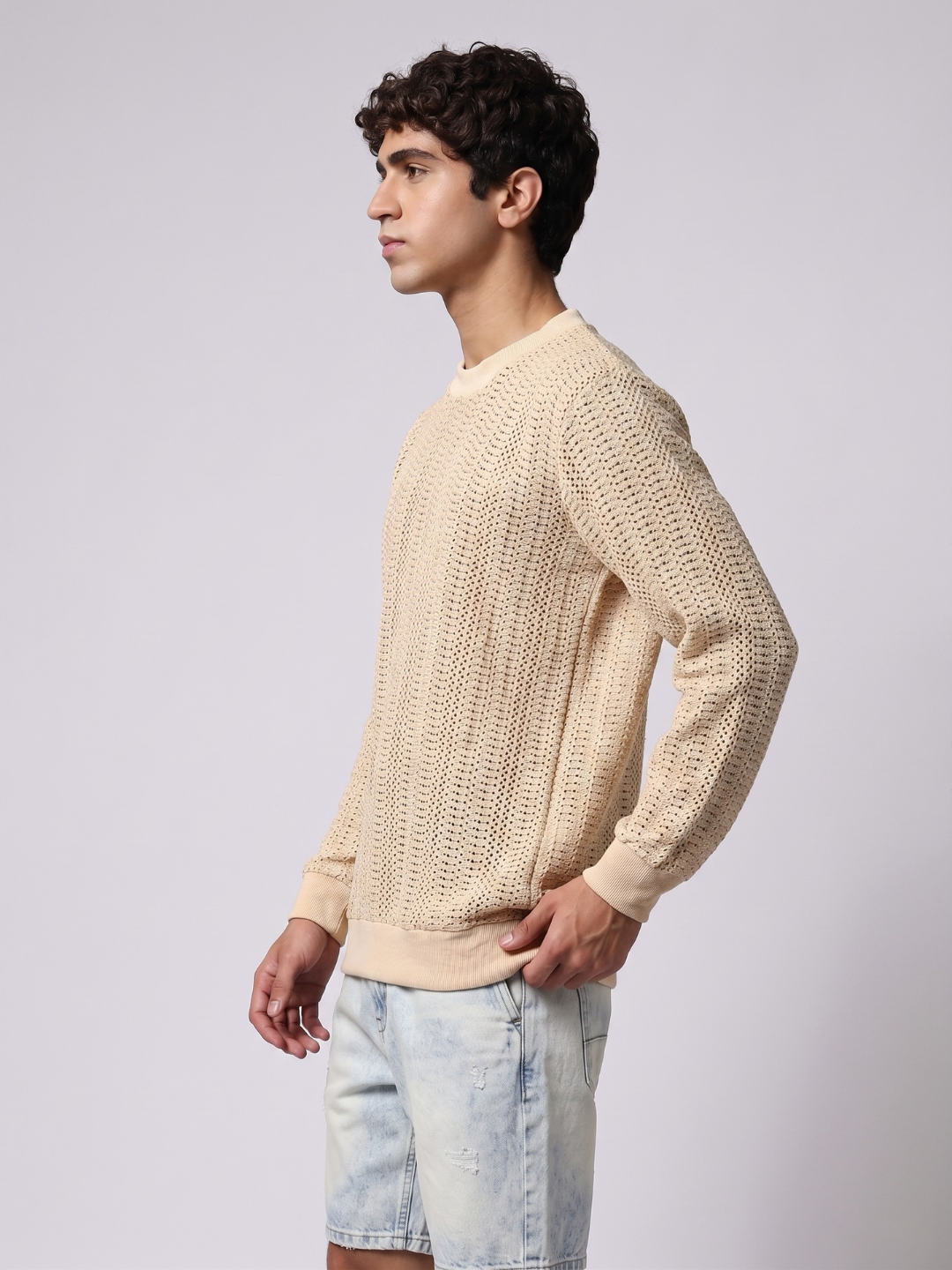 Beige Oversized Fit Premium Pure Cotton Crochet T-Shirt