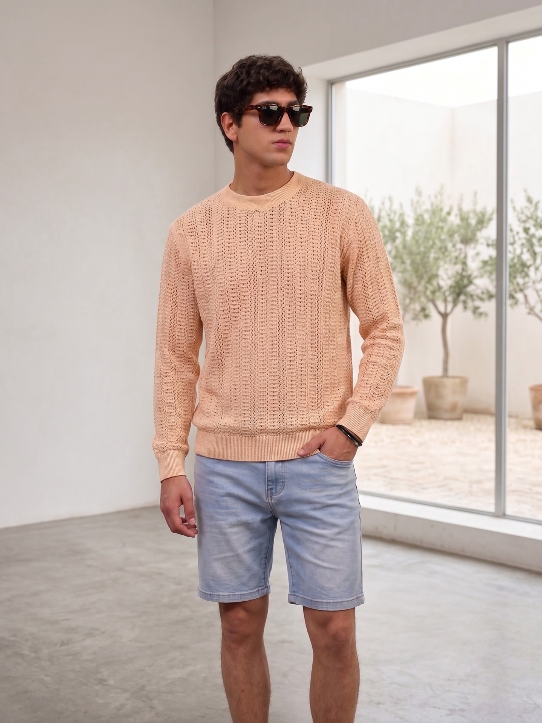 Beige Oversized Fit Premium Pure Cotton Crochet T-Shirt