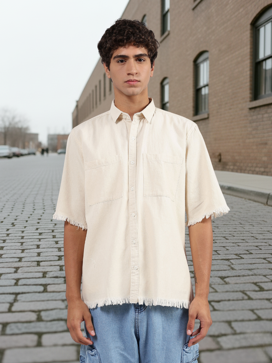 Off-White Raw Edge Oversized Box-Fit Spread Collar Premium Denim Shirt