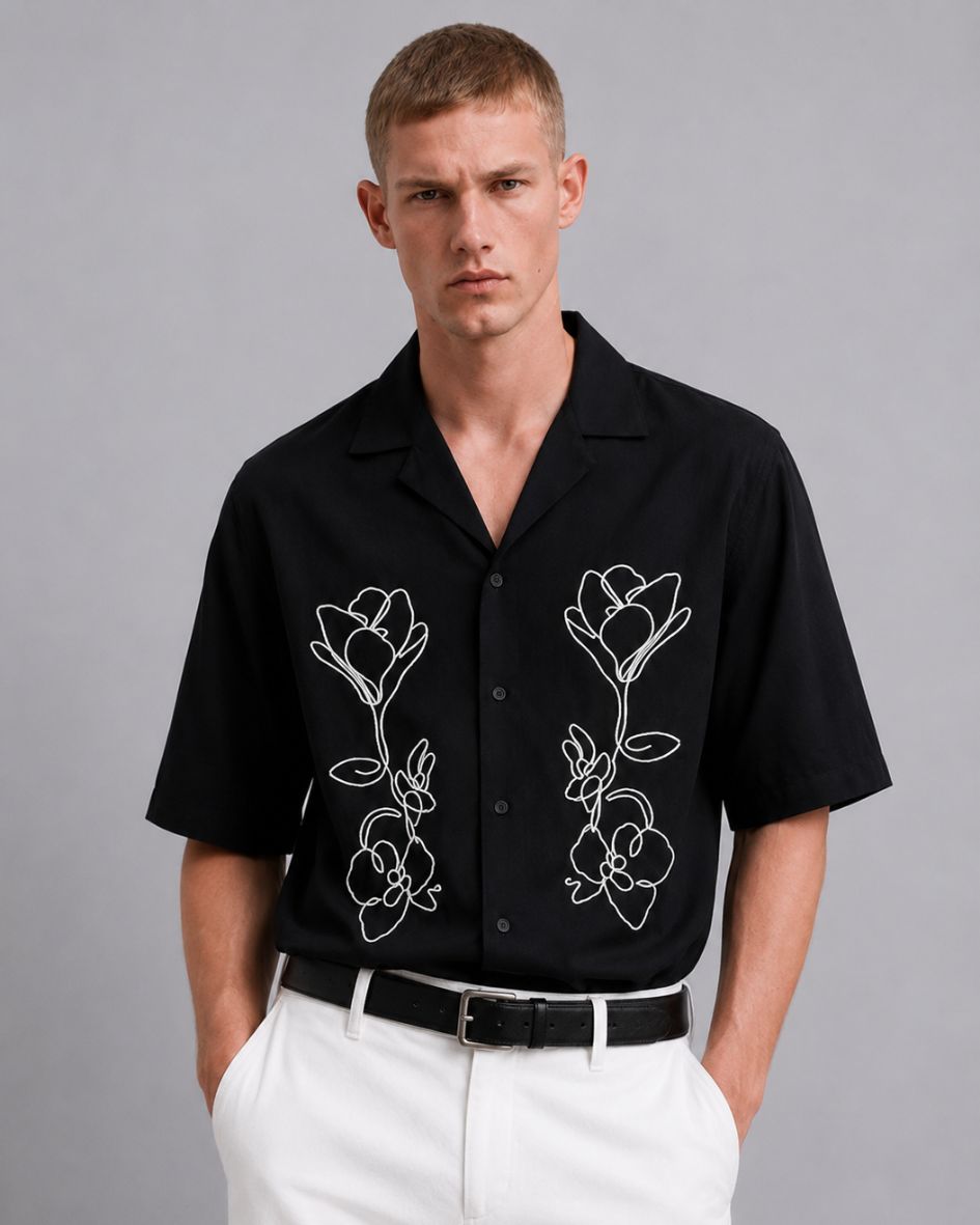 Black Embroidered Relaxed Fit Oversized Half Sleeve Casual Resort Shirt