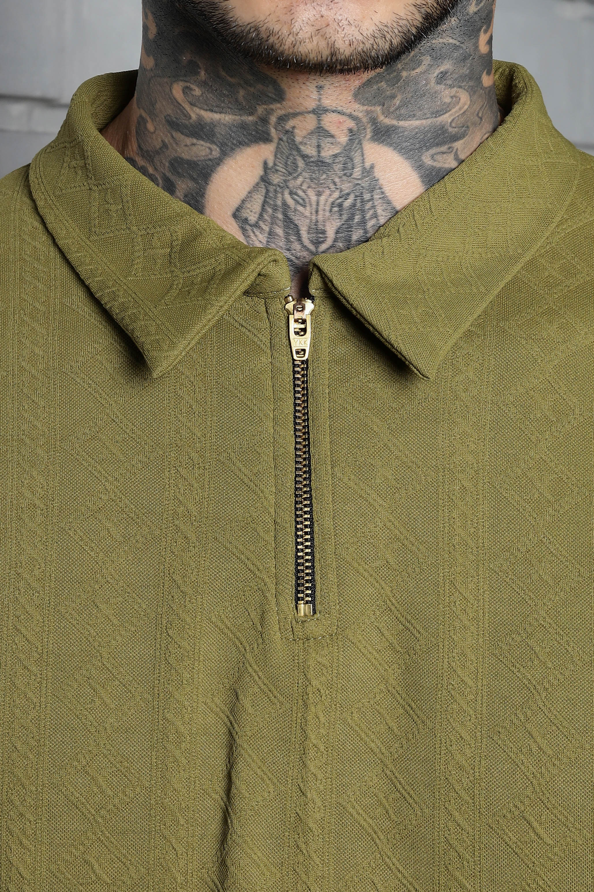 Unisex Olive Textured Polo Neck Oversized T-shirt