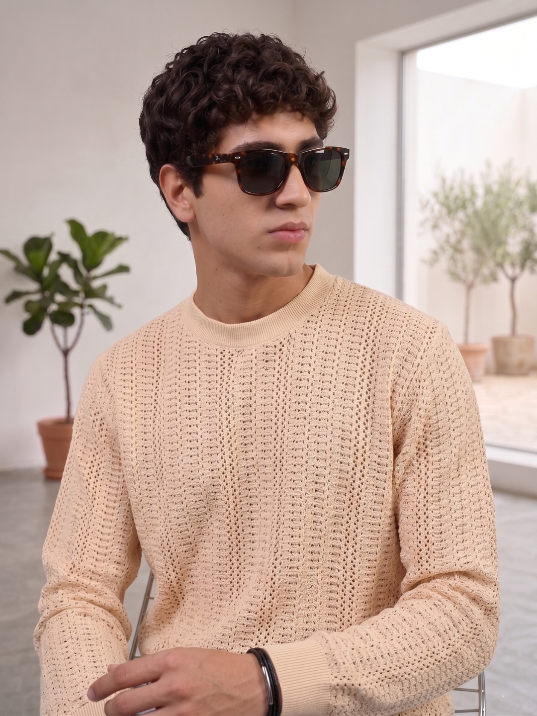 Beige Oversized Fit Premium Pure Cotton Crochet T-Shirt