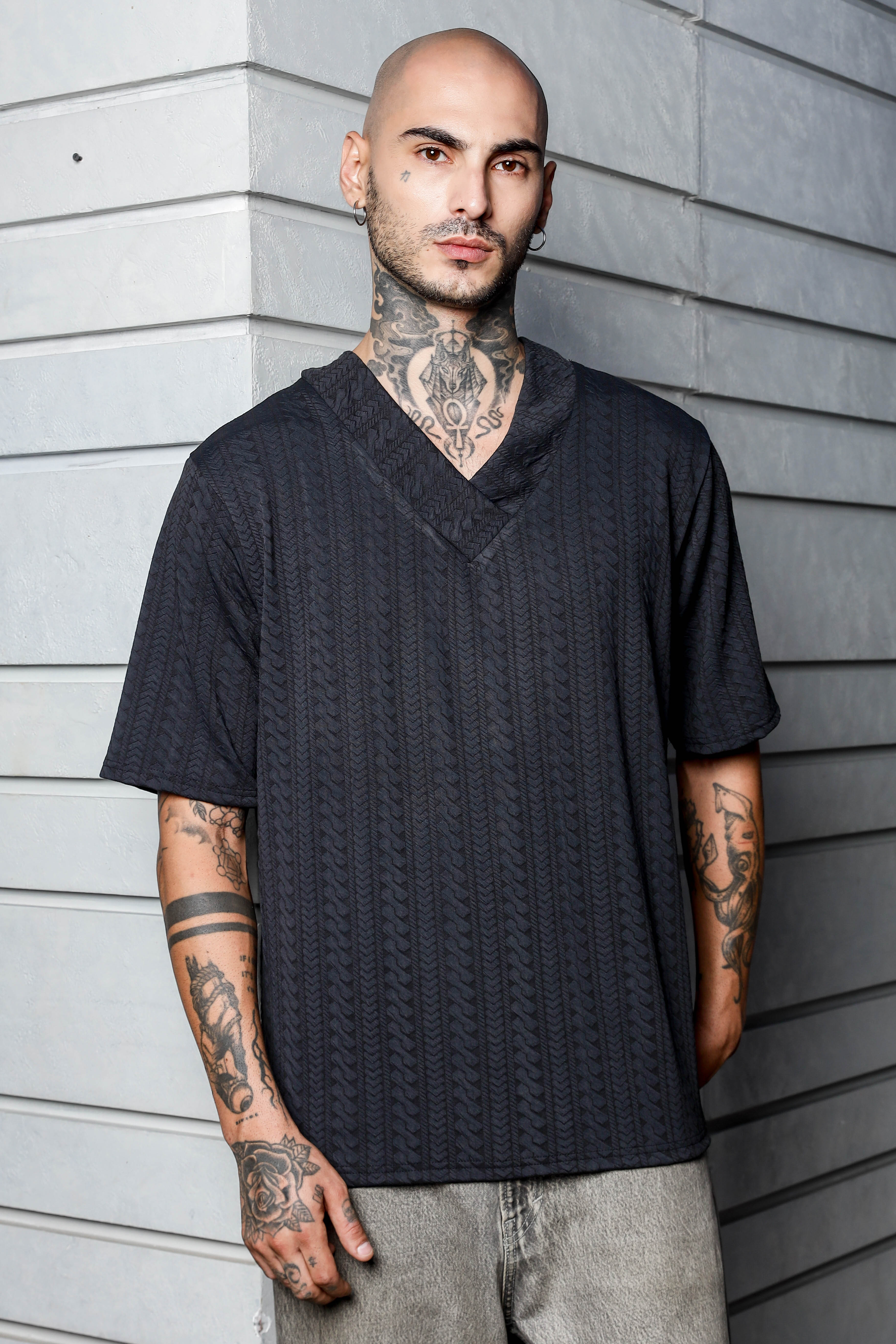 Unisex Black Textured Oversized V-Neck Tee & Shorts Co-ord Set
