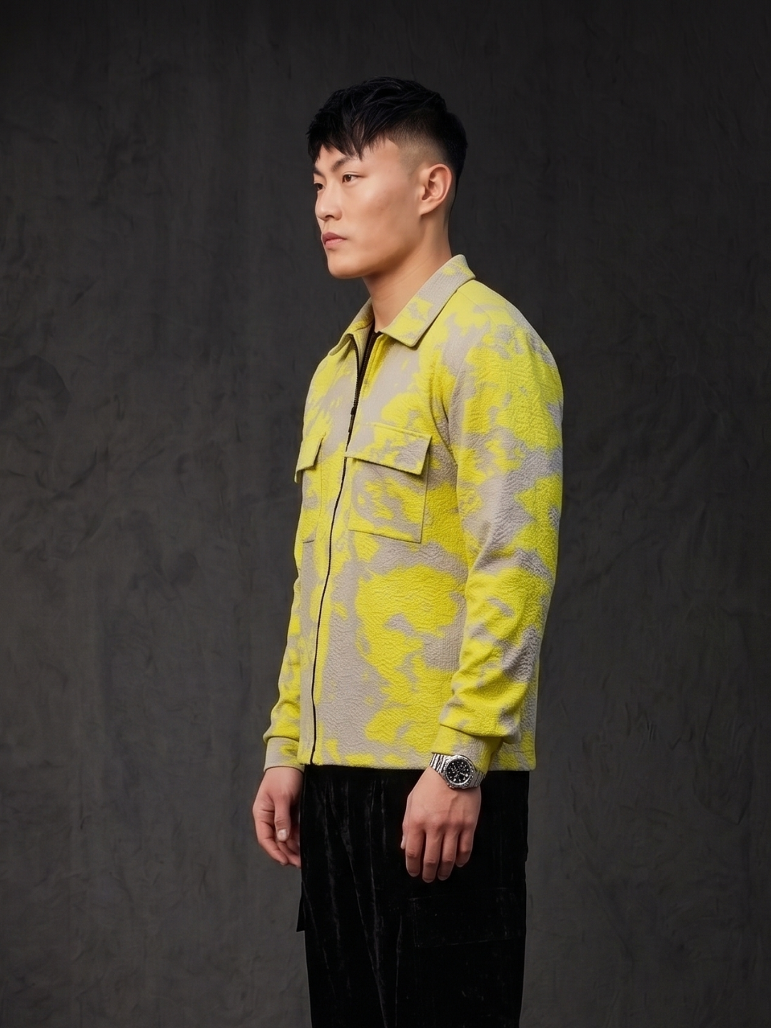 Neon Grey Splatter Abstract Print Textured Drop-Shoulder Relaxed Fit Shirt Zipper Shirt