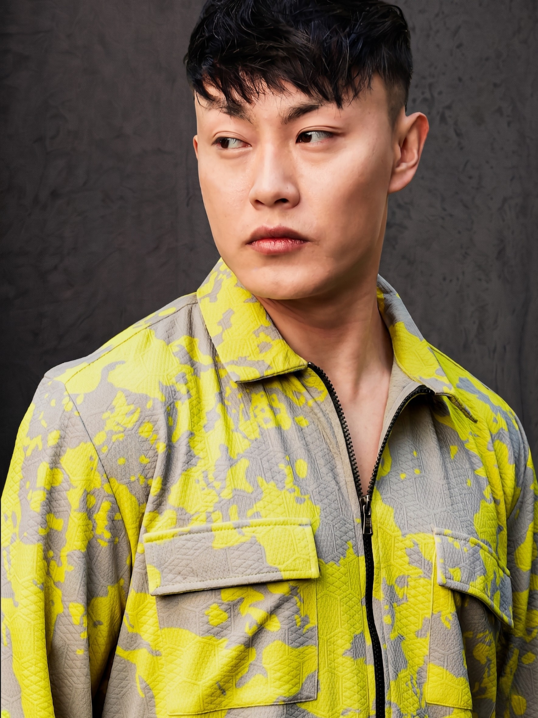 Neon Grey Splatter Abstract Print Textured Drop-Shoulder Relaxed Fit Shirt Zipper Shirt