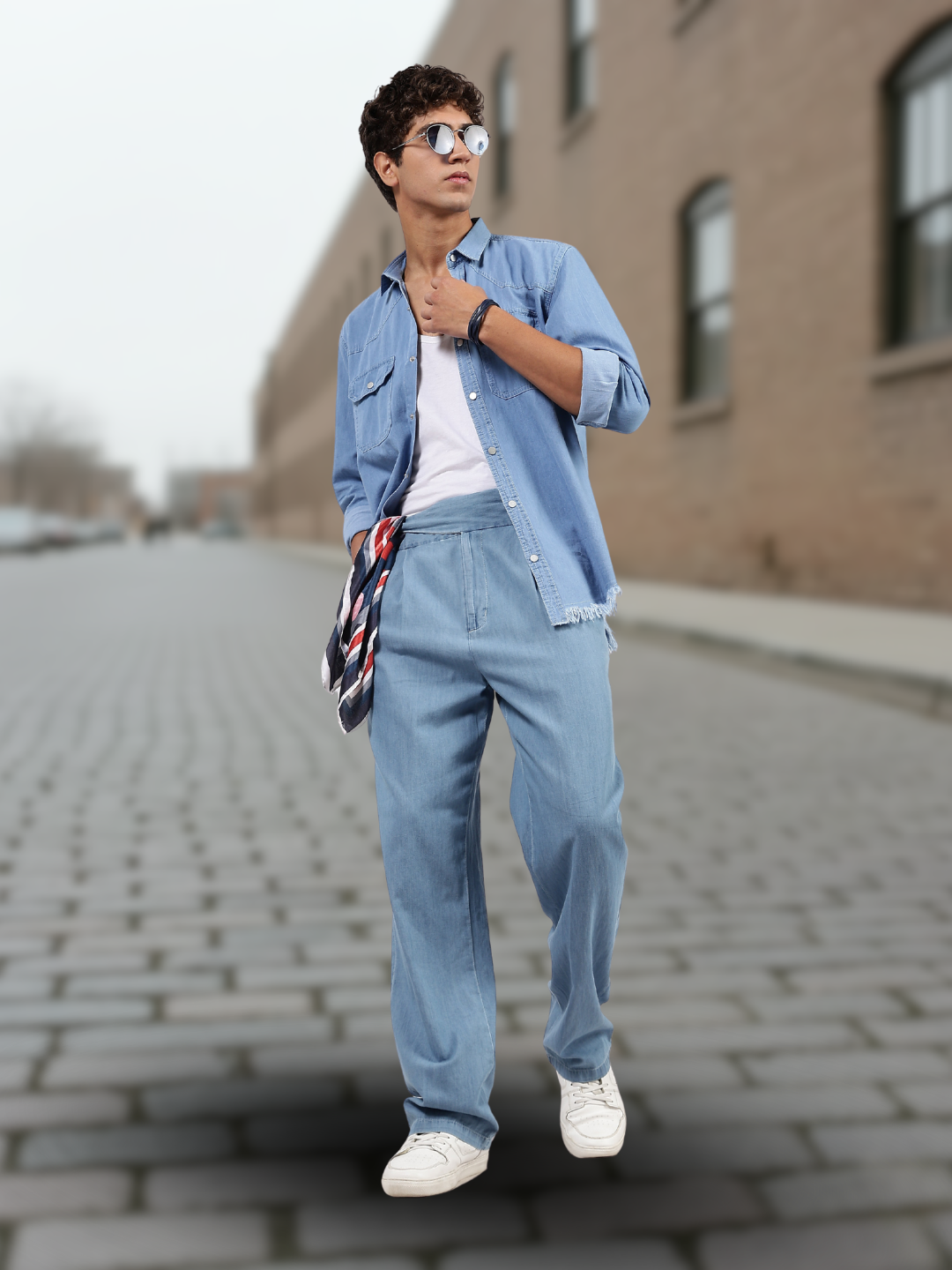 Co-Ord Set Blue Premium Denim Gurkha Pant & Full Shirt Relaxed Fit