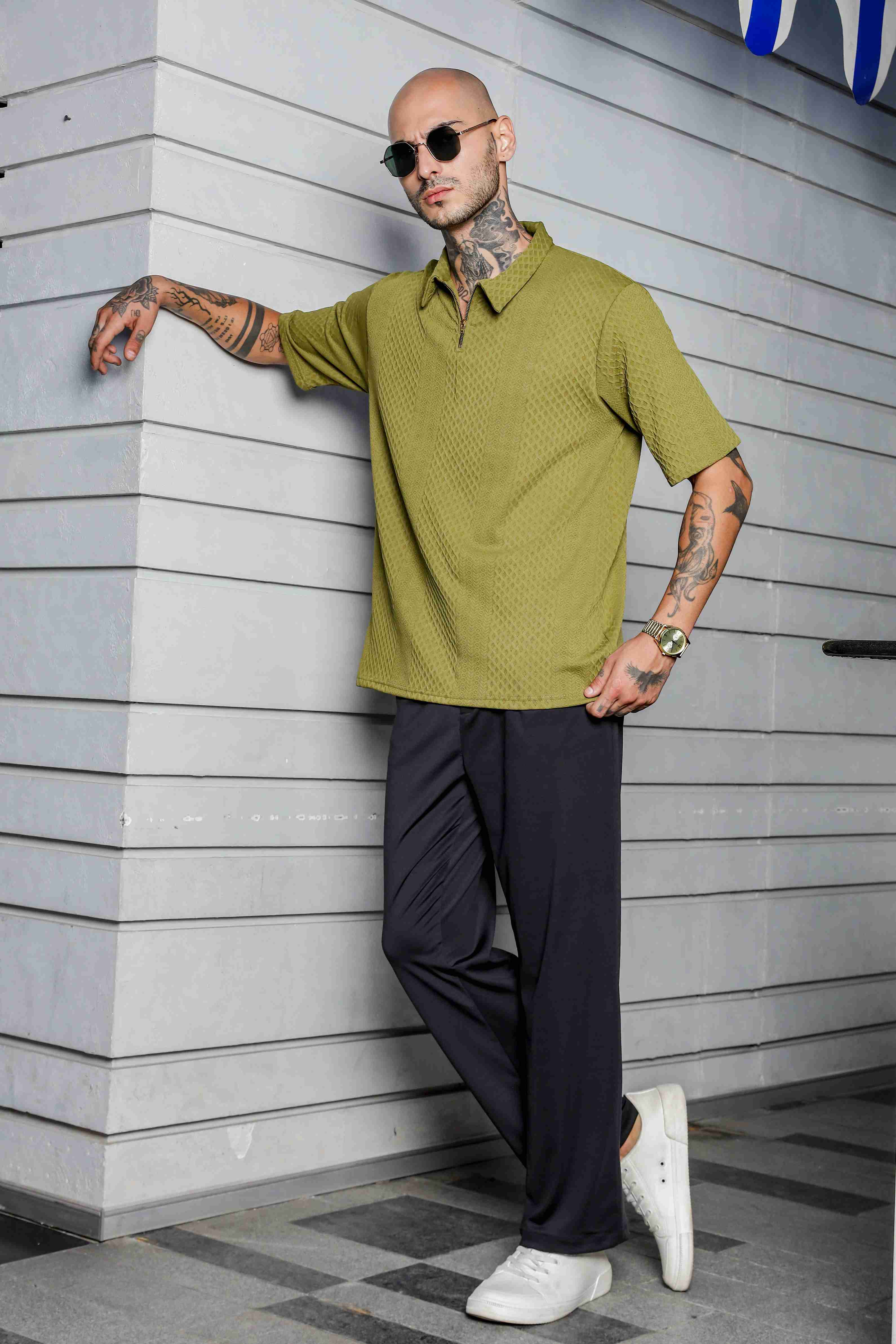 Unisex Olive Textured Polo Neck Oversized T-shirt