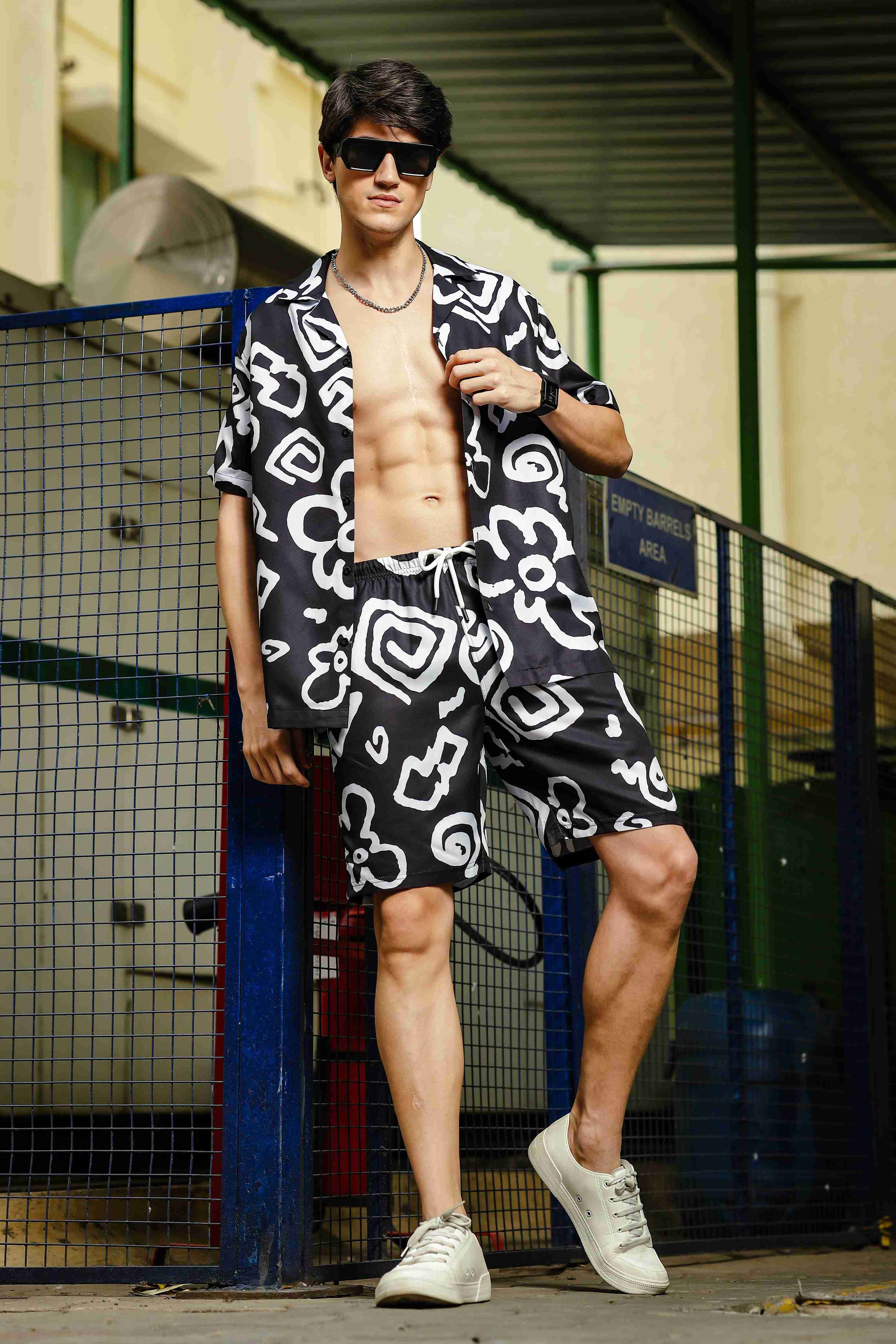 Black Abstract Printed Relaxed Fit Casual Shorts