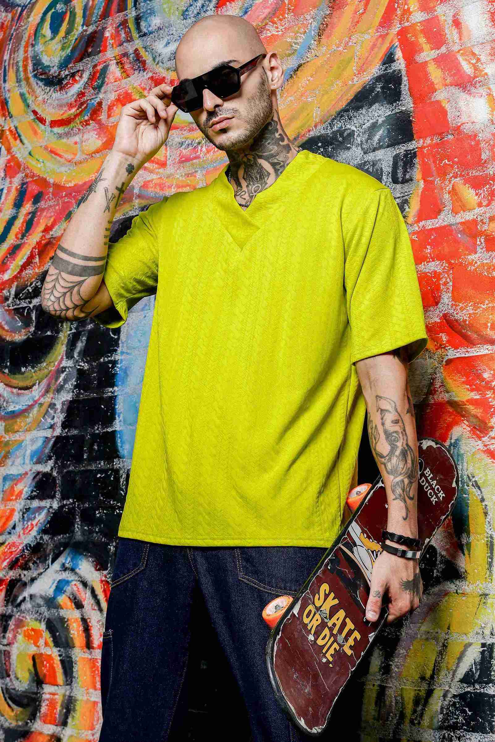 Unisex Lime Green Textured Oversized V-Neck Tee & Trackpant Co-ord Set