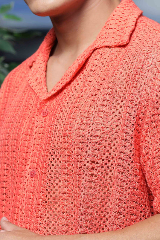 Unisex Relaxed Fit Pink Cotton Crochet Resort Shirt