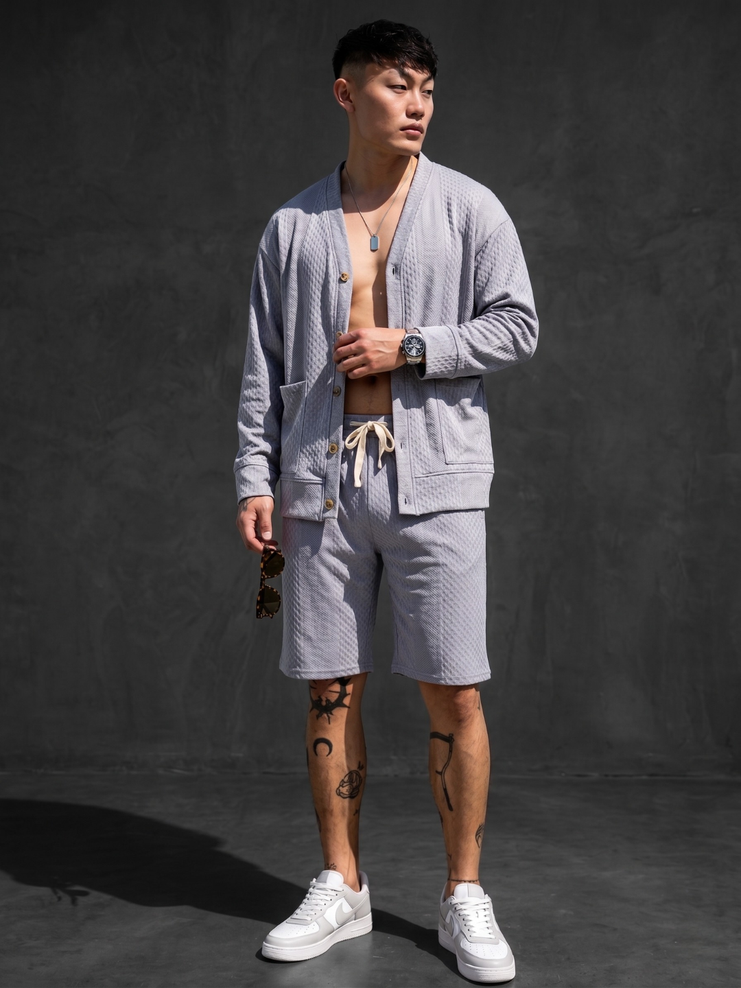 Unisex Grey Textured Cardigan Style T-Shirt & Shorts Co-ord Set