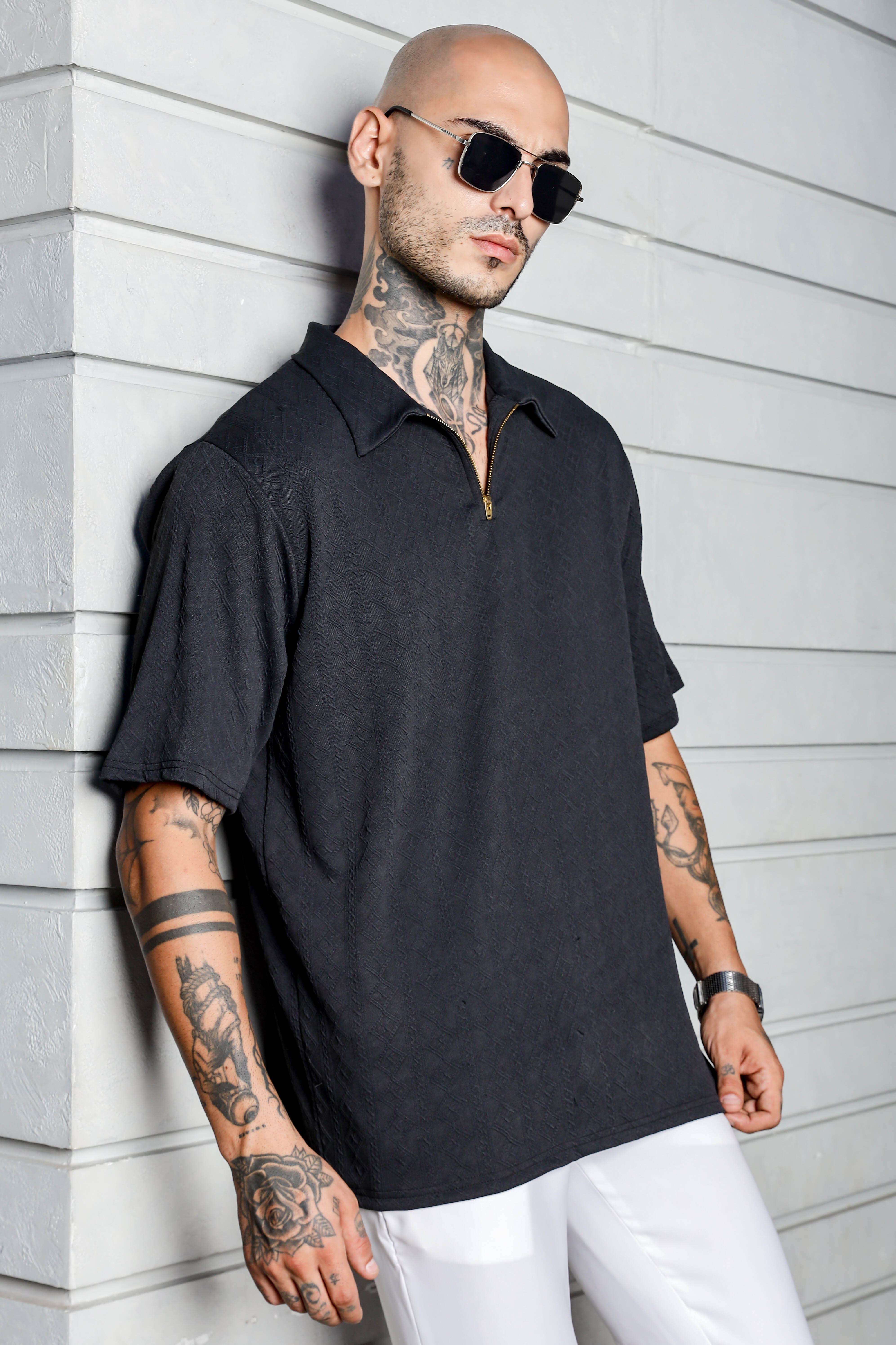 Unisex Black Textured Oversized Polo Neck Tee & Trackpant Co-ord Set