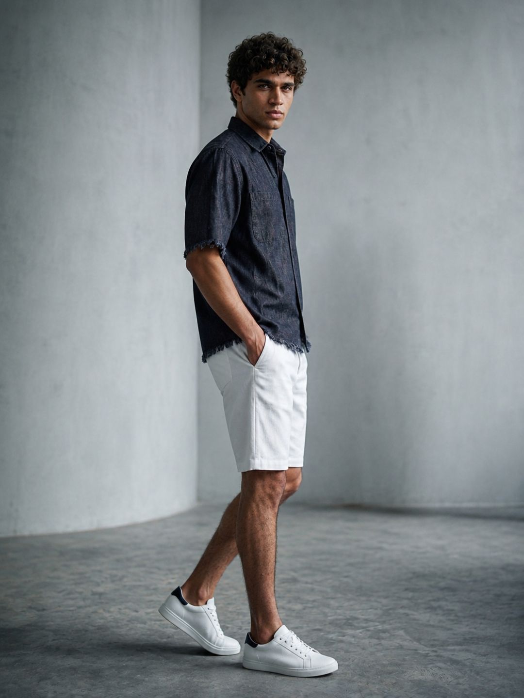 Black Raw Edge Oversized Box-Fit Spread Collar Premium Denim Shirt
