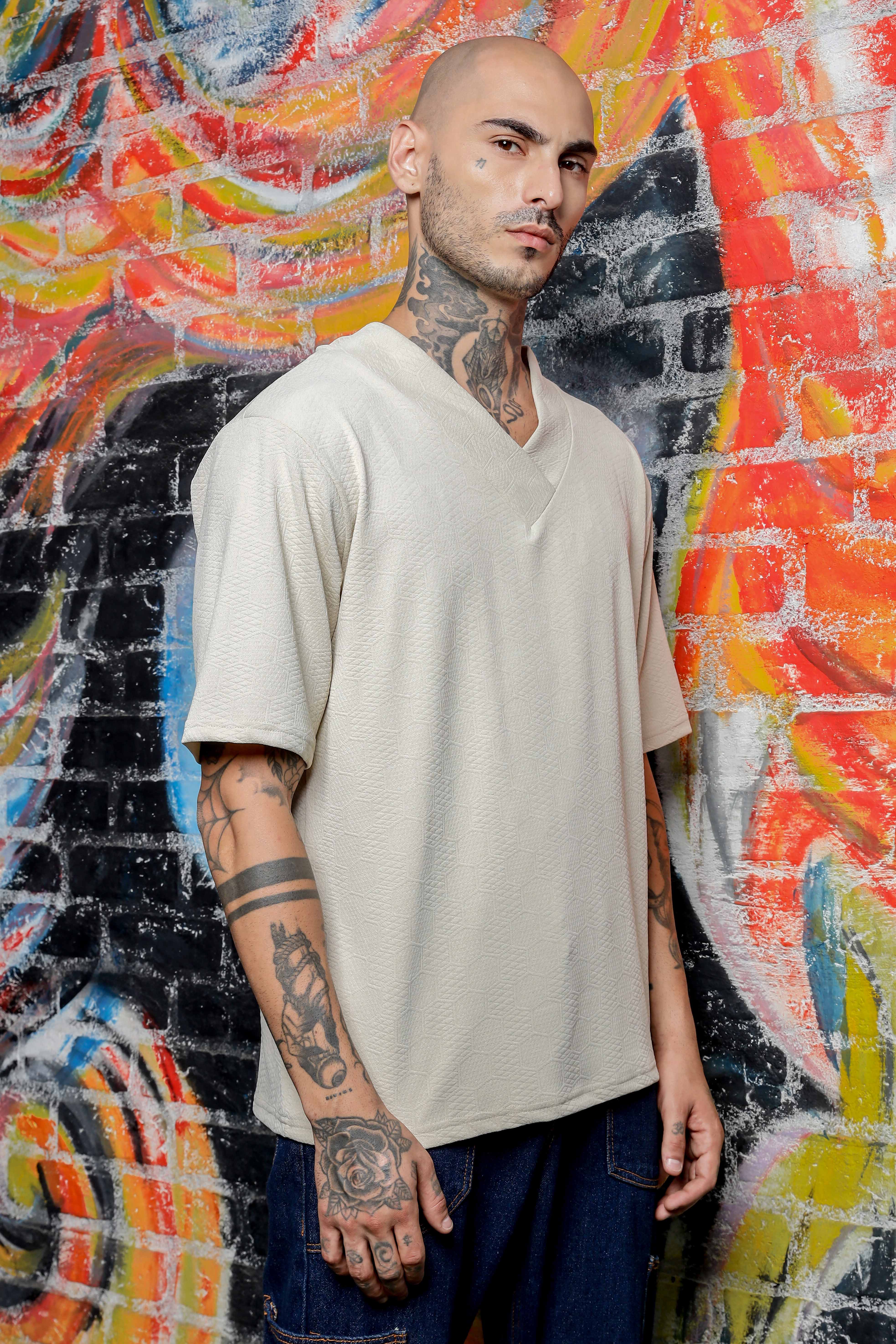 Unisex White Textured V-Neck Oversized T-shirt