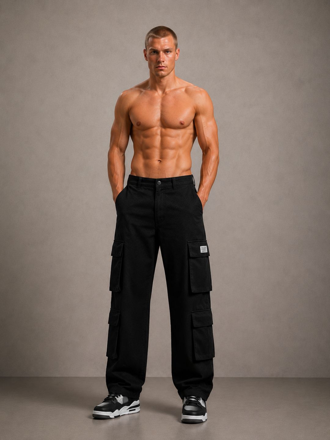 Black Baggy Fit Streetwear Style 8 Pocket Pure Cotton Cargo Trousers