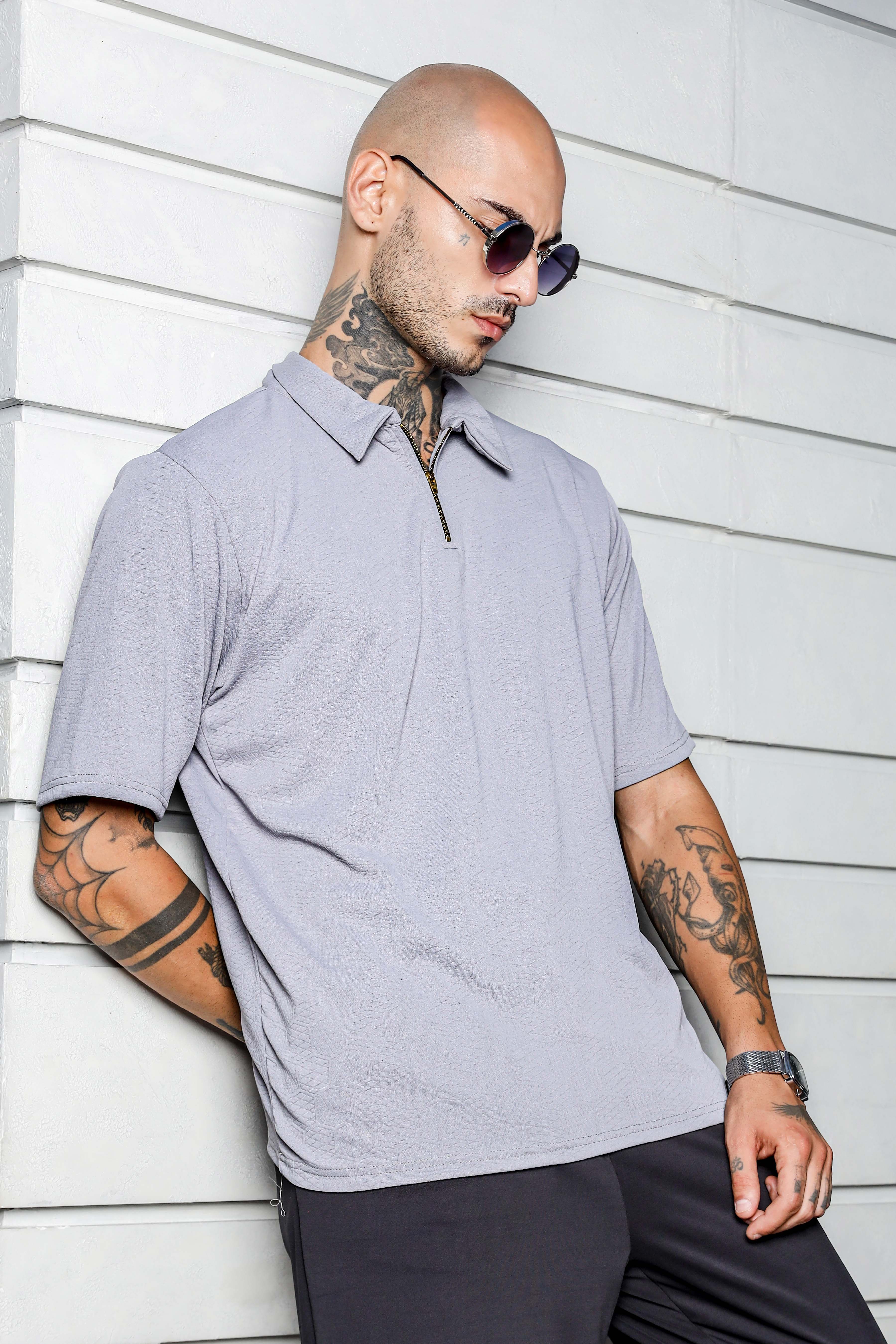Unisex Grey Textured Polo Neck Oversized T-shirt