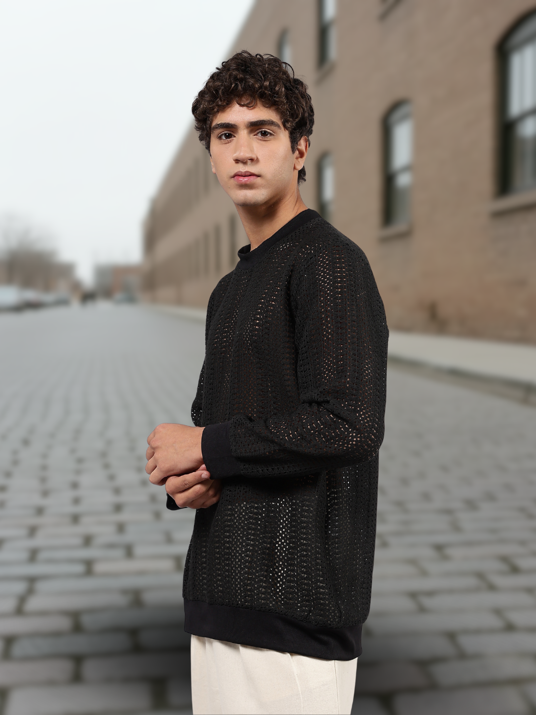 Black Oversized Fit Premium Cotton Crochet Pullover