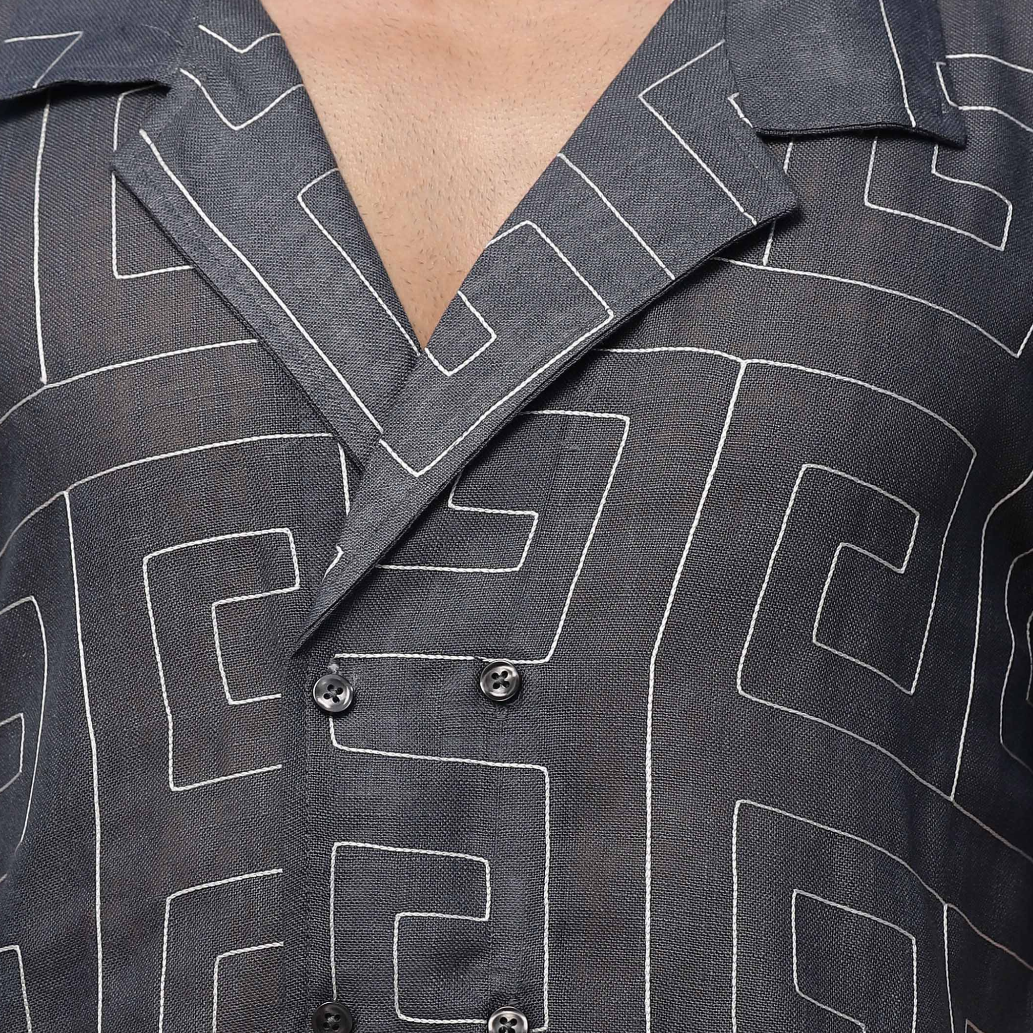 Grey Linen Blend Embroidered  Korean Notched Lapel Collar Oversized Fit Shirt