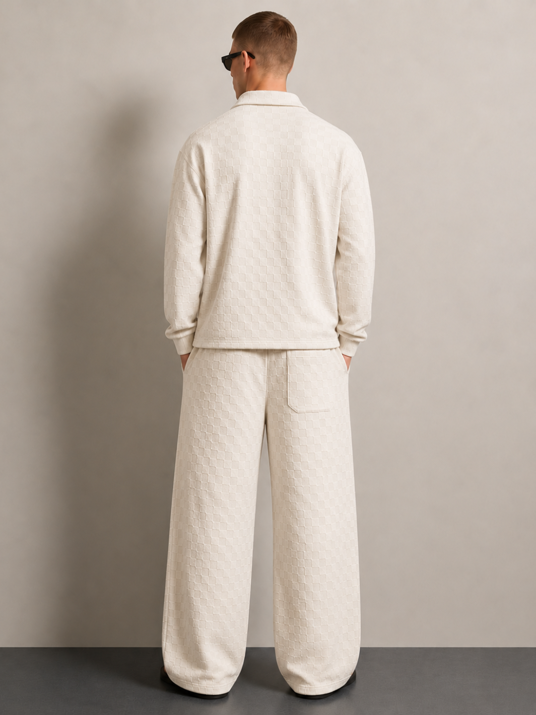 Off-White Textured Oversized Full Sleeve Polo Neck Tee & Trackpant Co-ord Set