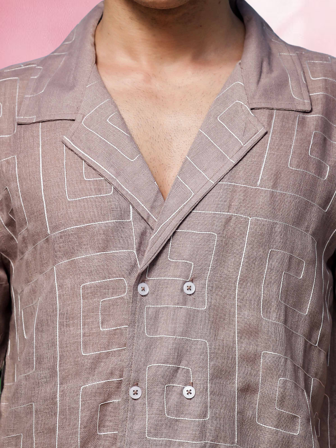 Beige Linen Notched Lapel Shirt & All Day Lounge Pants Embroidered Co-ord Set