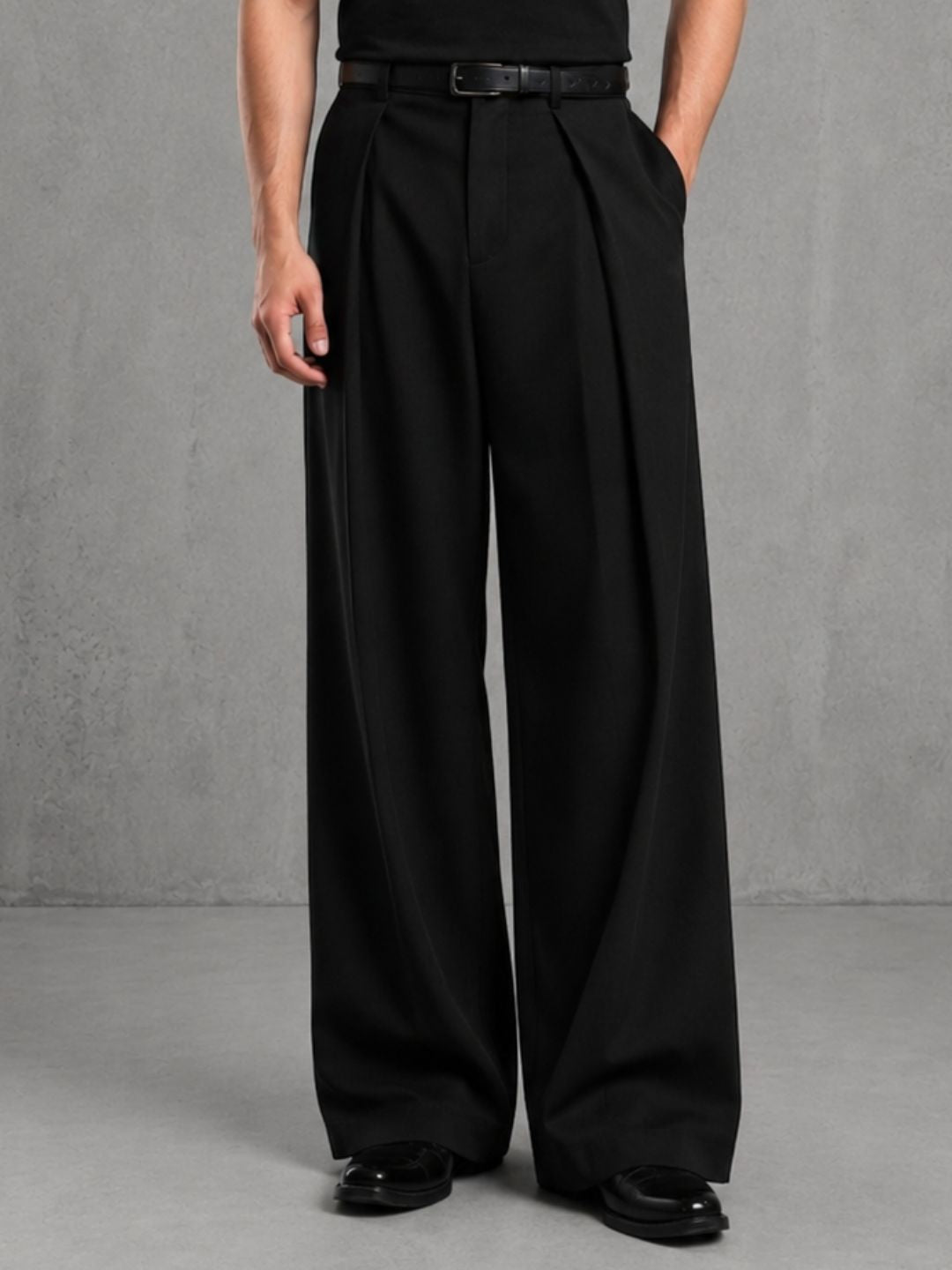 Black Wide Leg Samurai Trousers with Pleated Front