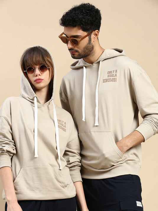 Unisex Beige Relaxed Fit Printed Hoodie Sweatshirt