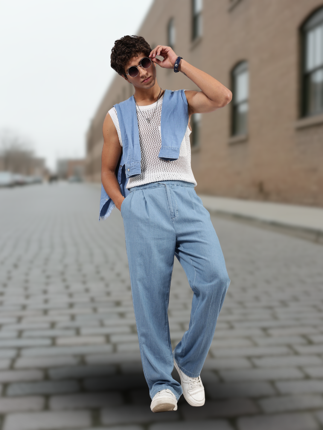 Light Blue Premium Denim Gurkha Trousers with Double Pleated Front