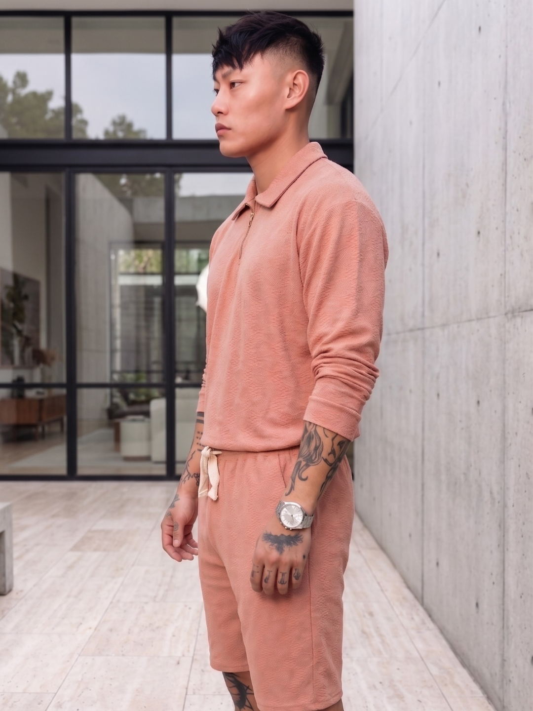 Unisex Brown Textured Relaxed Fit Full Sleeve Polo T-Shirt & Shorts Co-ord Set