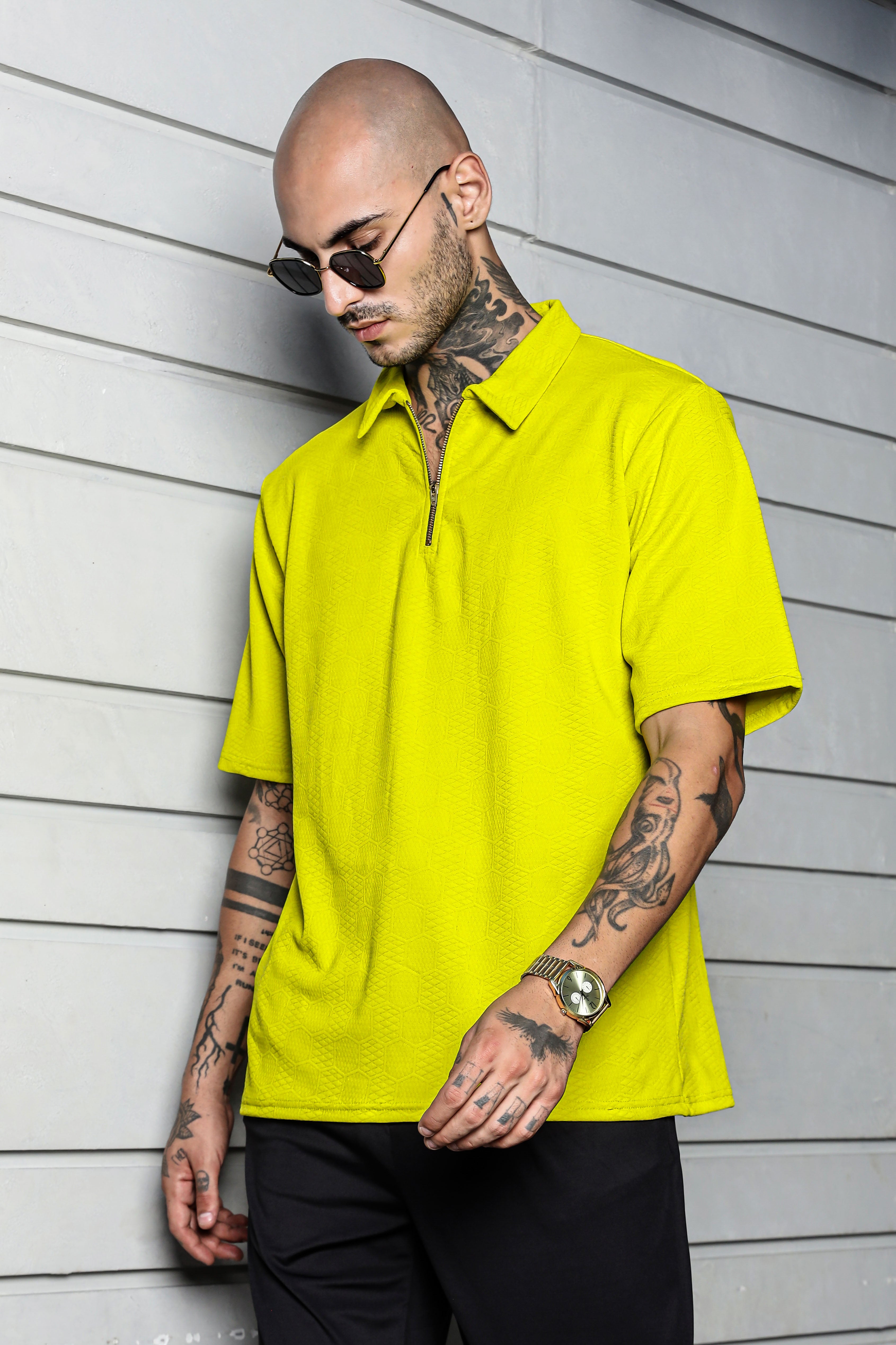 Unisex Lime Green Textured Polo Neck Oversized T-shirt