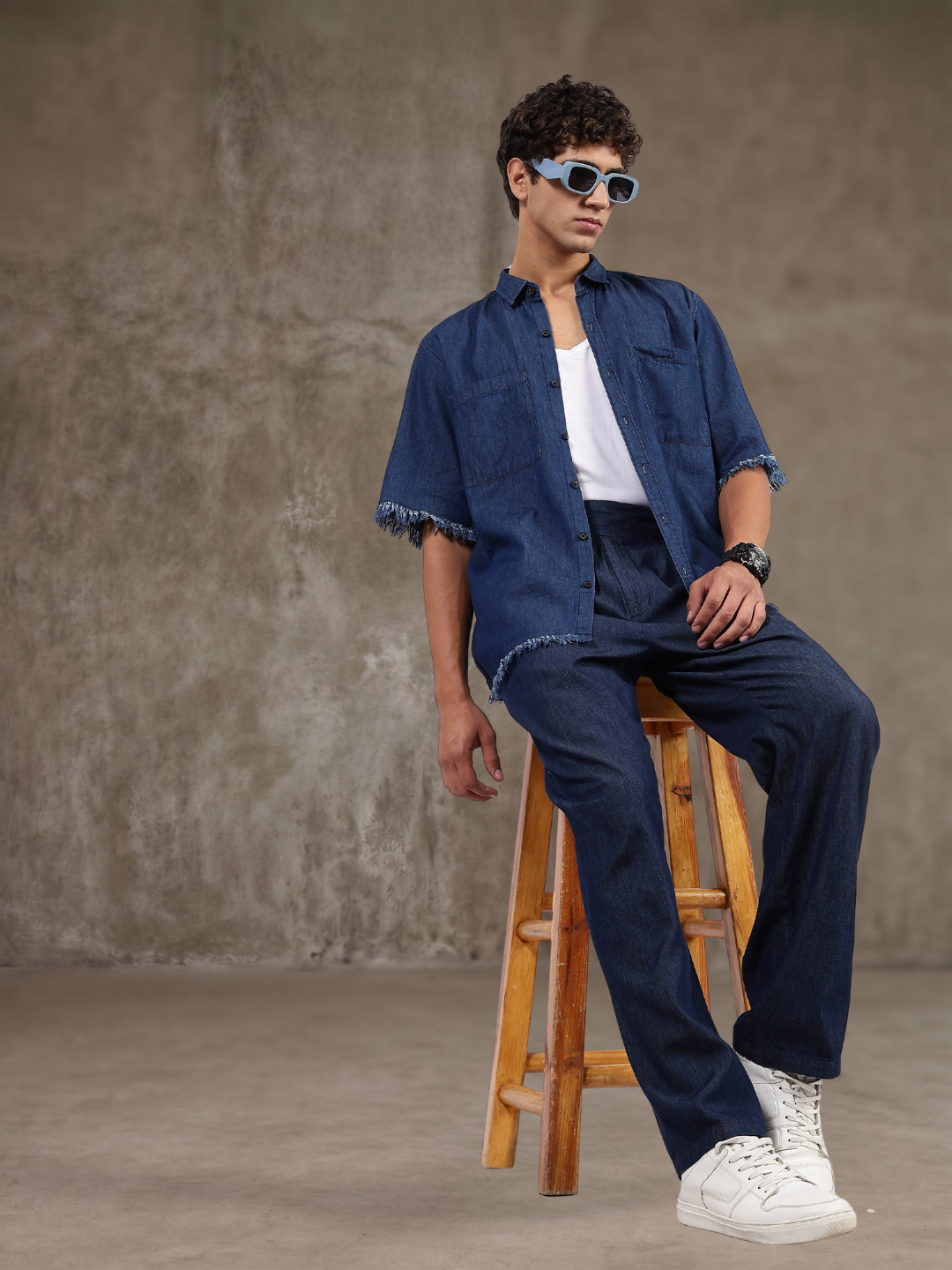 Co-Ord Set Navy Blue Premium Denim Gurkha Pant & Half Sleeve Shirt Relaxed Fit