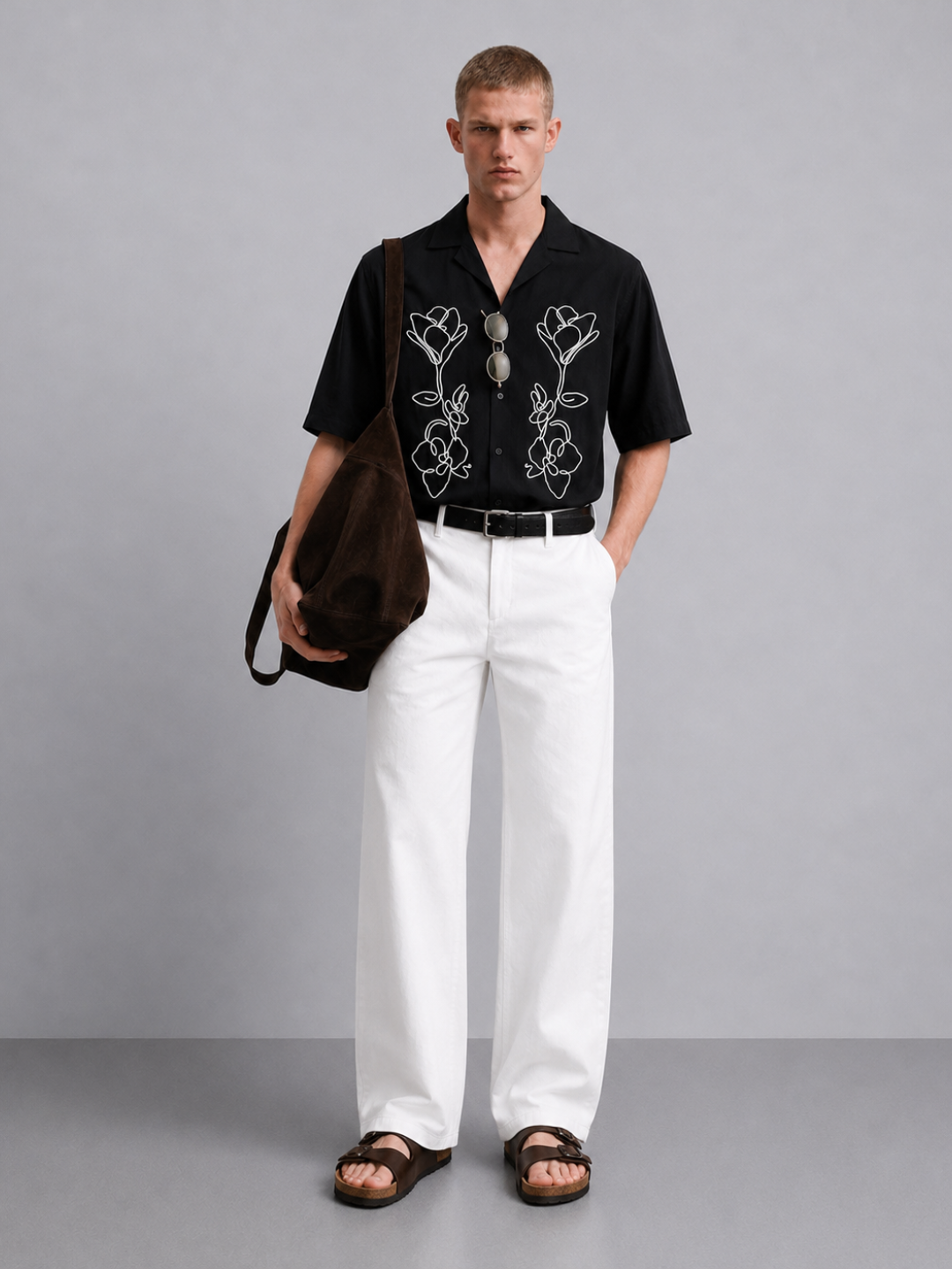 Black Embroidered Relaxed Fit Oversized Half Sleeve Casual Resort Shirt