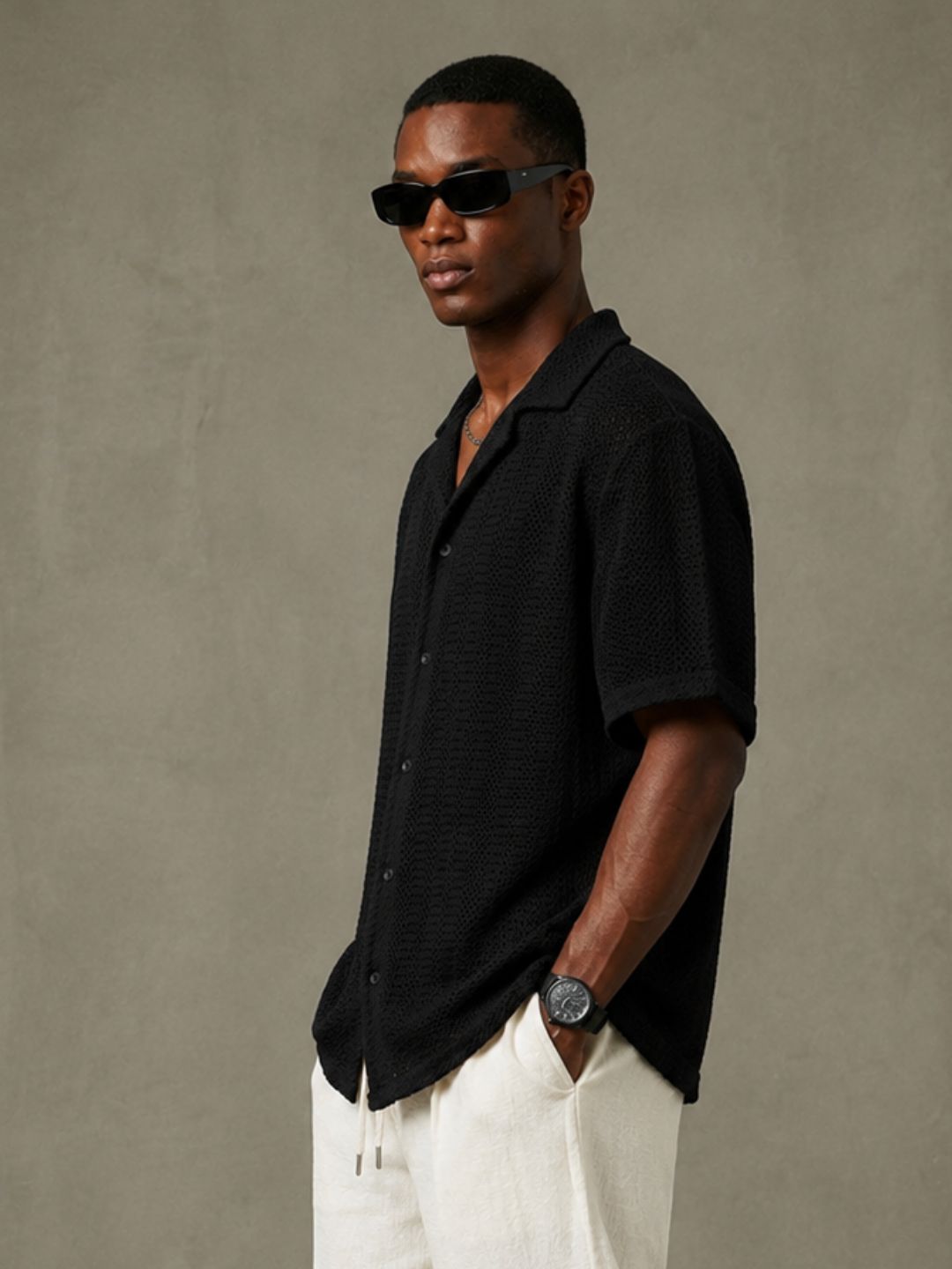 Black Unisex Relaxed Fit Cotton Crochet Resort Shirt